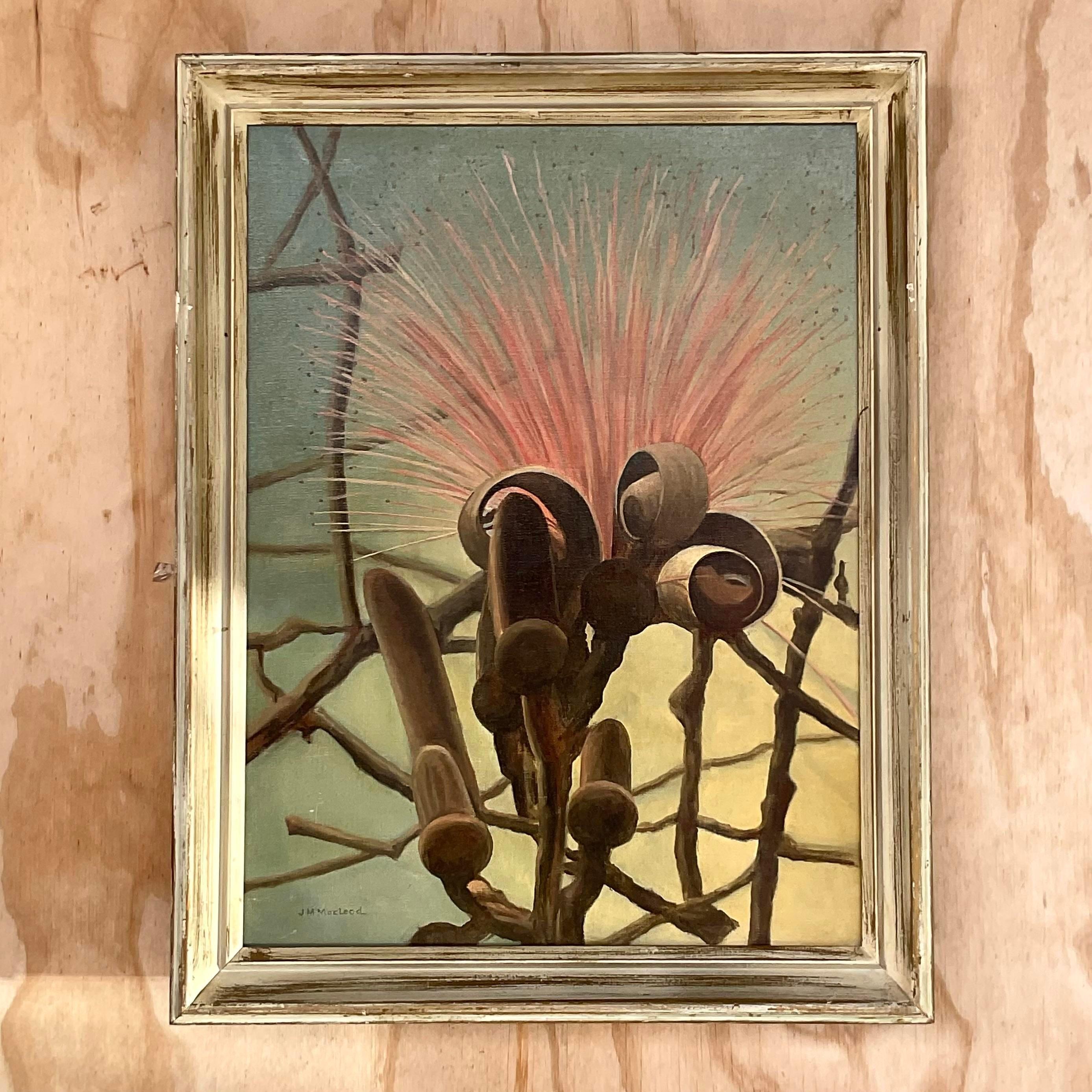 An exceptional vintage Boho original oil painting. A beautiful floral with a space age composition. Brilliant muted colors add to the piece. Signed by the artist J. M. McLeod. Acquired from a Palm Beach estate.