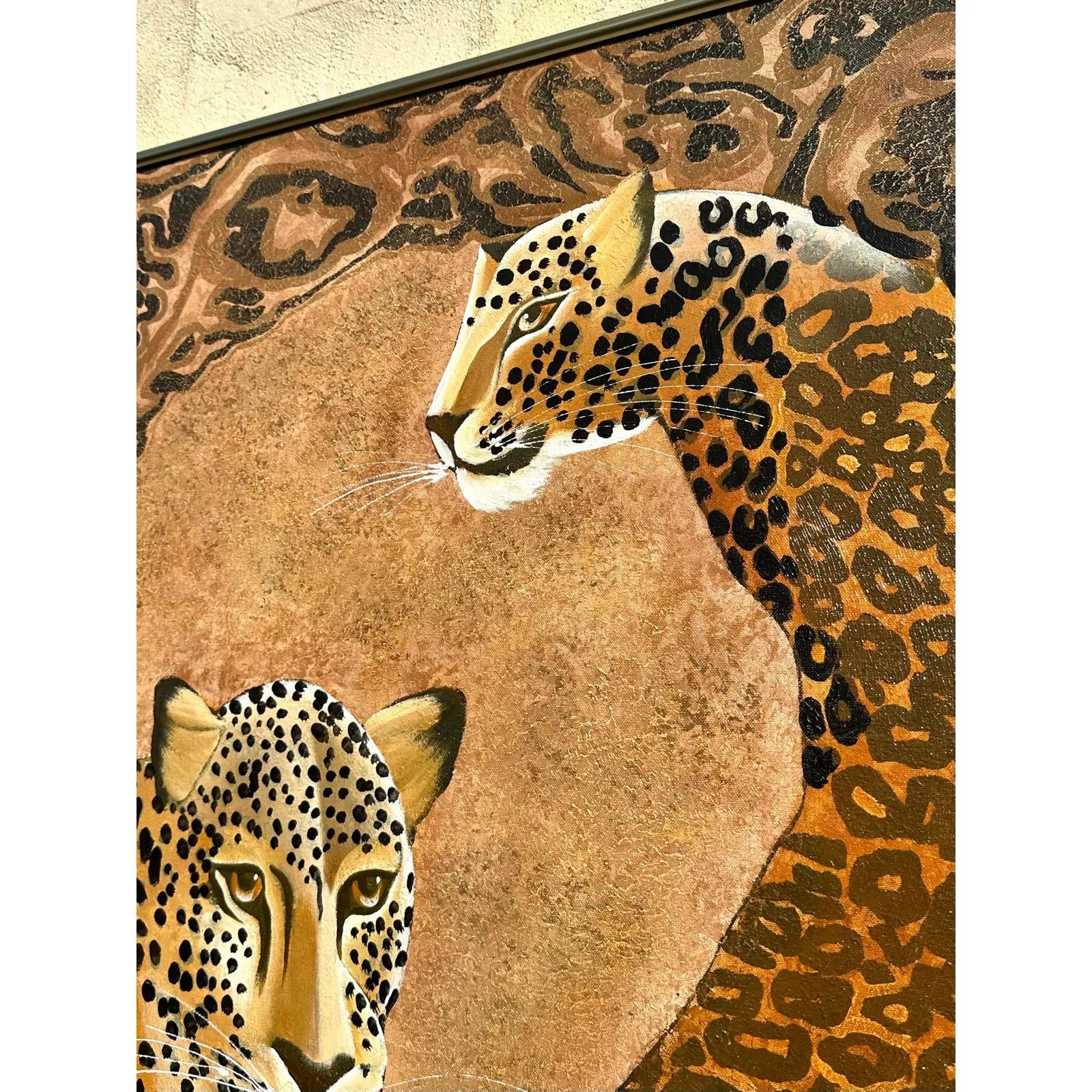 Ein fabelhaftes Original-Ölgemälde im Boho-Stil. Ein stattliches Gepardenpaar in Ruhe. Signiert vom Künstler. Erworben aus einem Nachlass in Palm Beach.

Das Gemälde ist in gutem Vintage-Zustand. Kleinere Schrammen und Schönheitsfehler, die dem