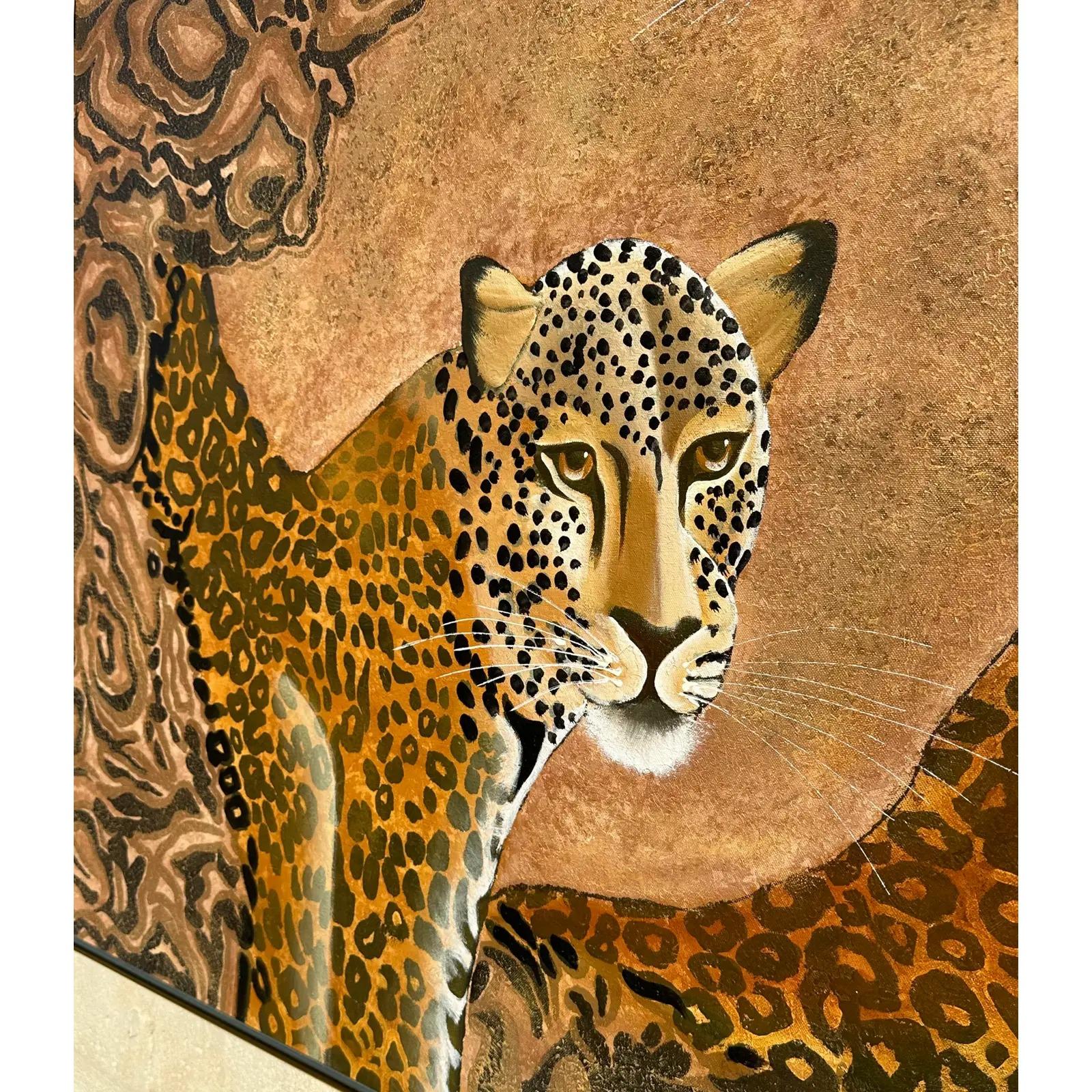 North American Vintage Boho Signed Original Oil Painting of Cheetahs For Sale