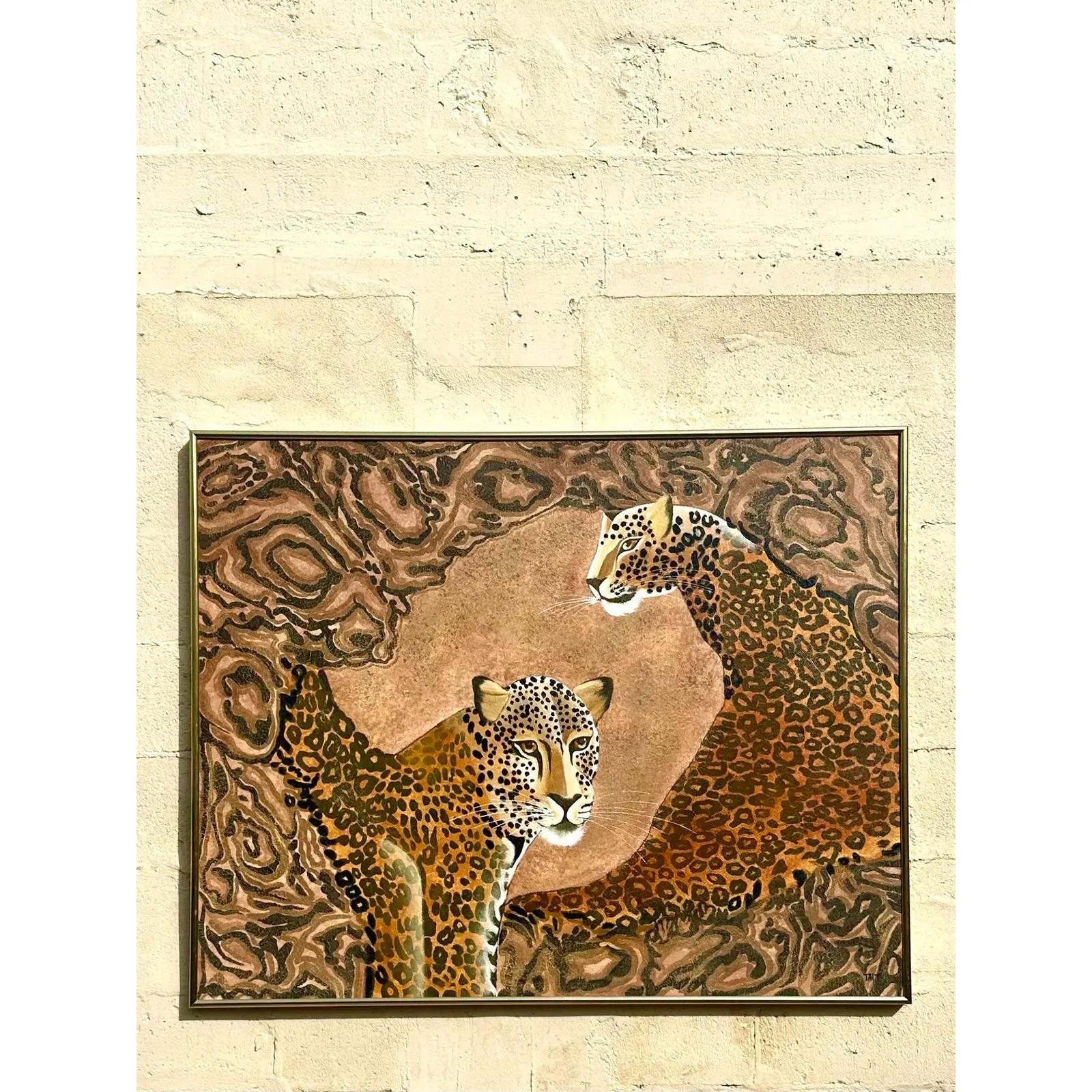 20th Century Vintage Boho Signed Original Oil Painting of Cheetahs For Sale