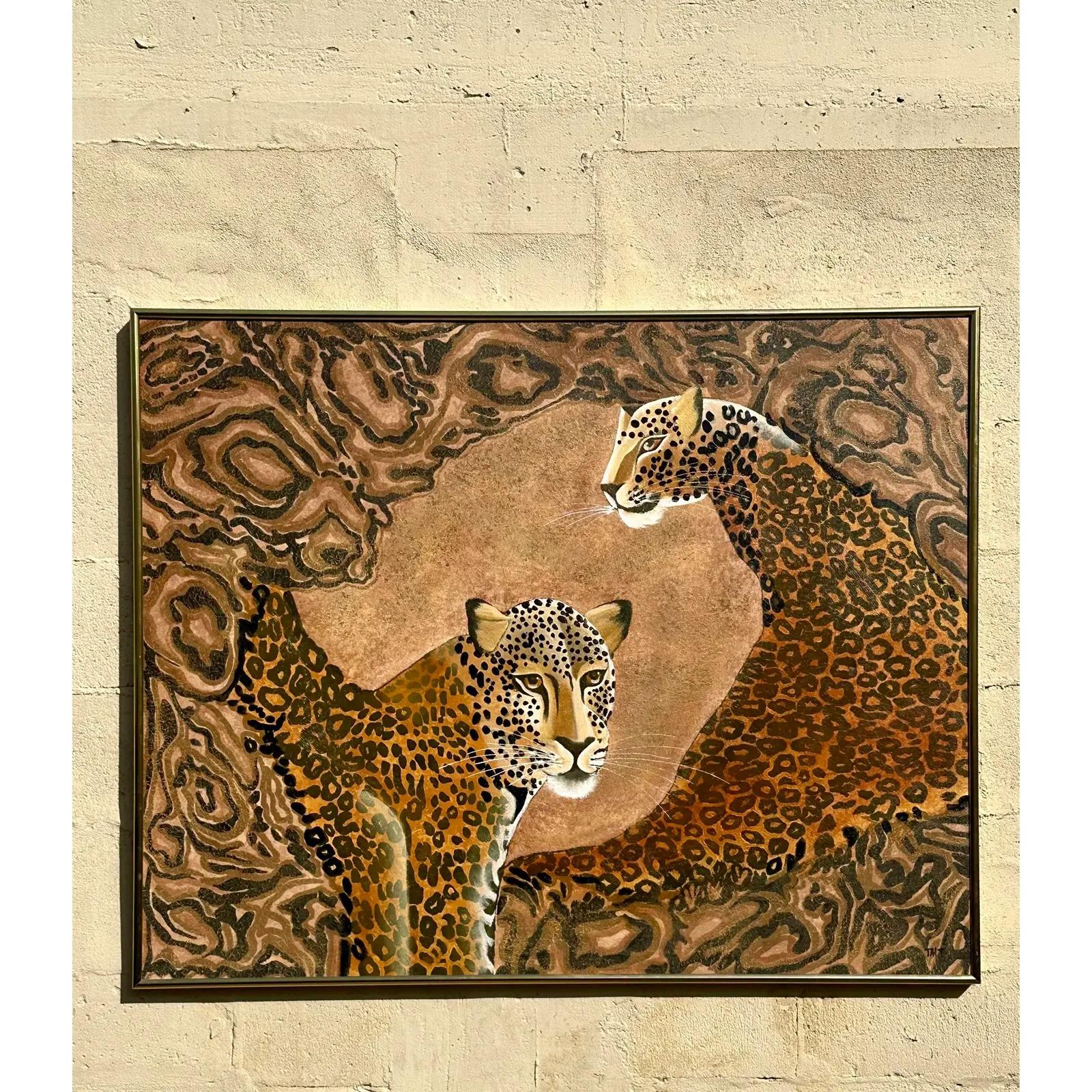 Vintage Boho Signed Original Oil Painting of Cheetahs For Sale 1