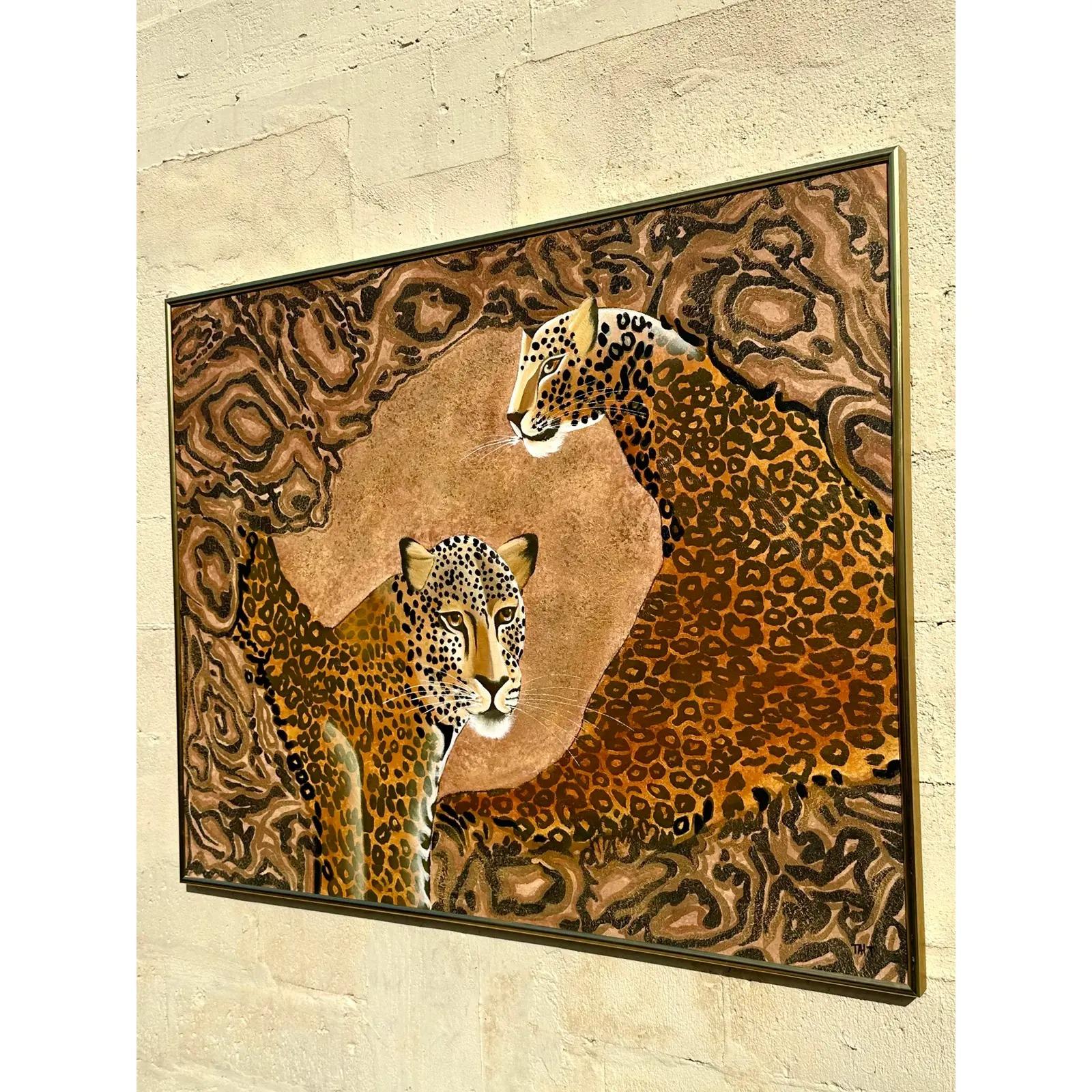 Vintage Boho Signed Original Oil Painting of Cheetahs For Sale 2