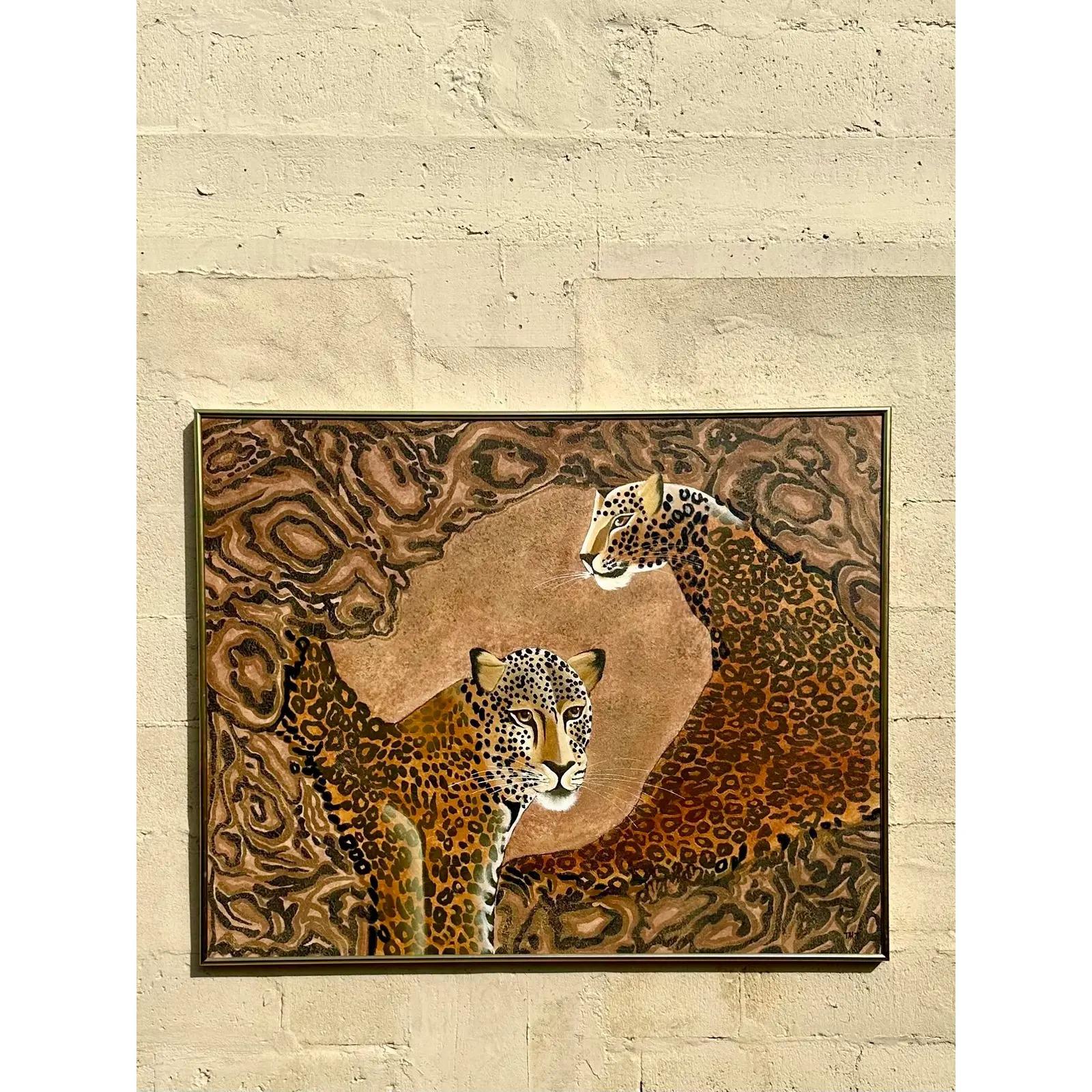 Vintage Boho Signed Original Oil Painting of Cheetahs For Sale 3