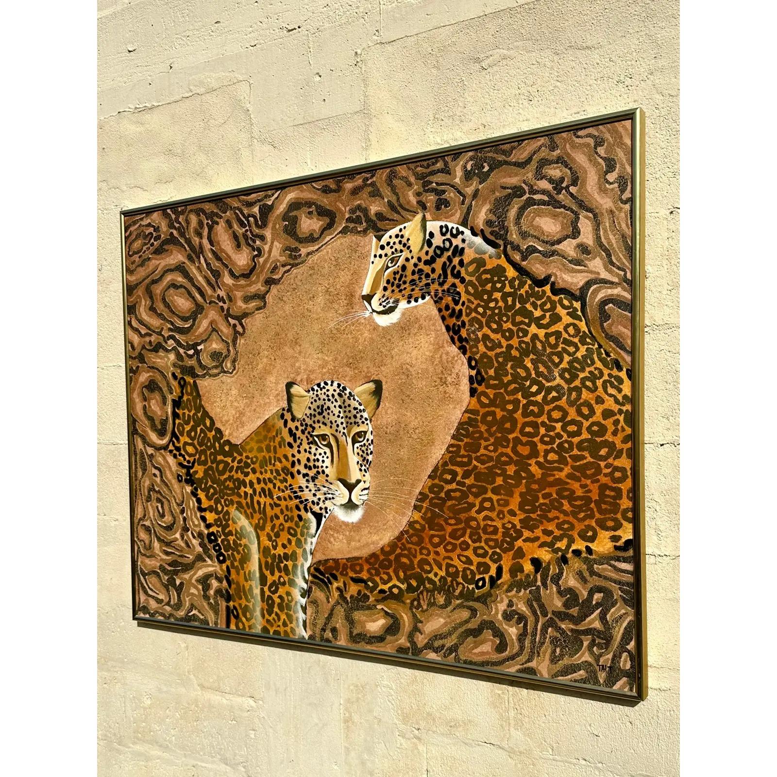 Vintage Boho Signed Original Oil Painting of Cheetahs For Sale 4