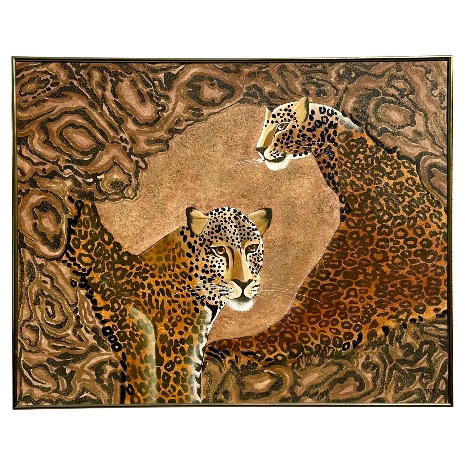 Vintage Boho Signed Original Oil Painting of Cheetahs For Sale
