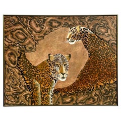 Vintage Boho Signed Original Oil Painting of Cheetahs