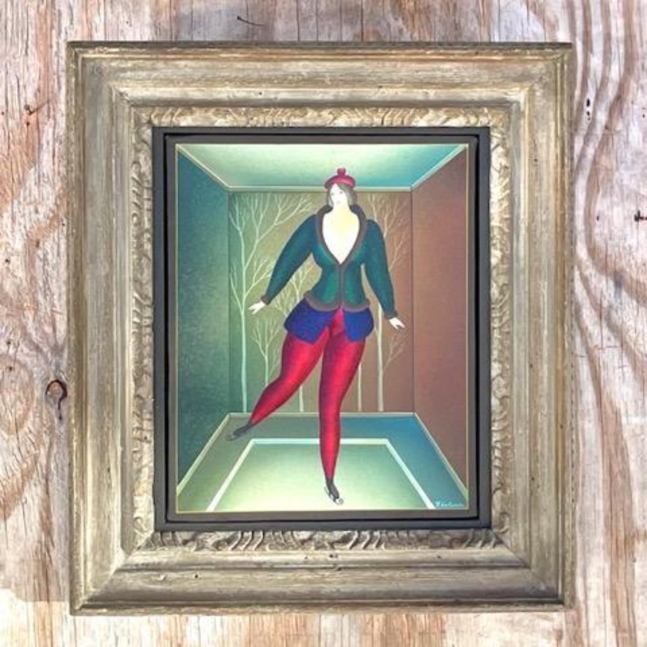 American Vintage Boho Signed Original Oil Painting of Dancing Woman For Sale