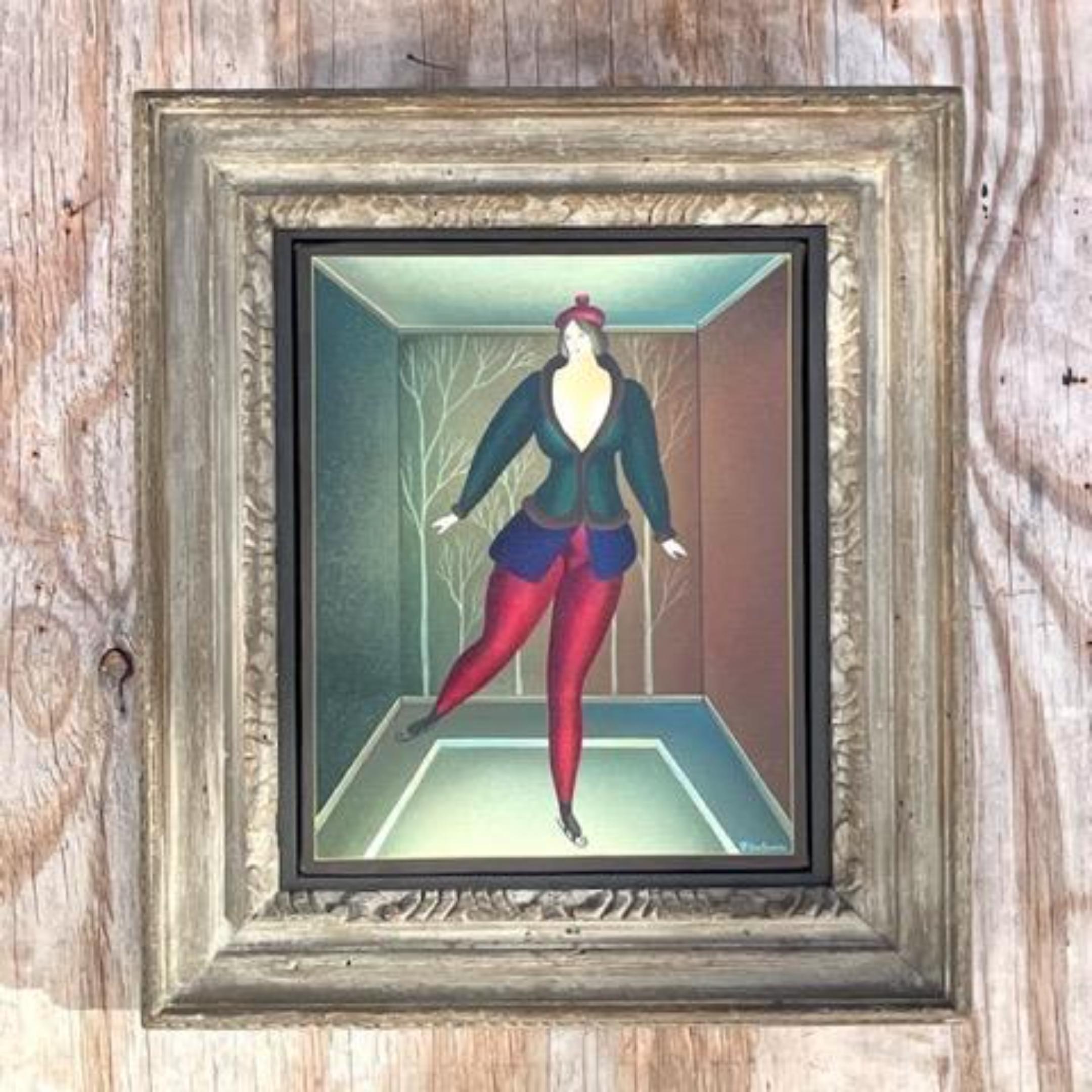 Vintage Boho Signed Original Oil Painting of Dancing Woman For Sale 1