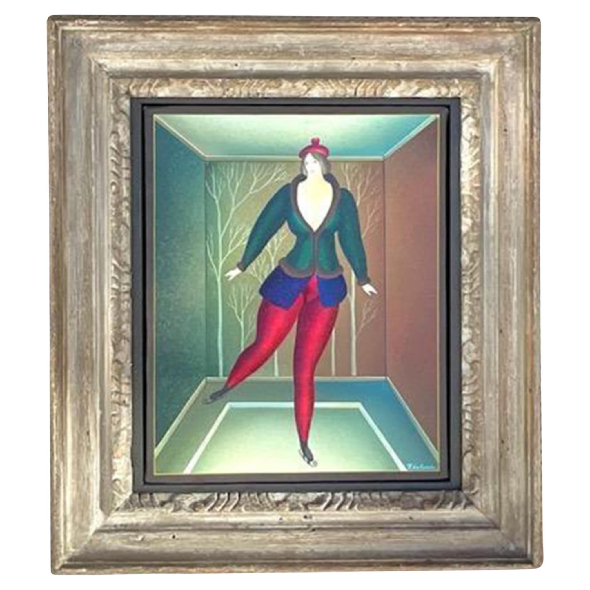 Vintage Boho Pintura al óleo original firmada de una mujer bailando