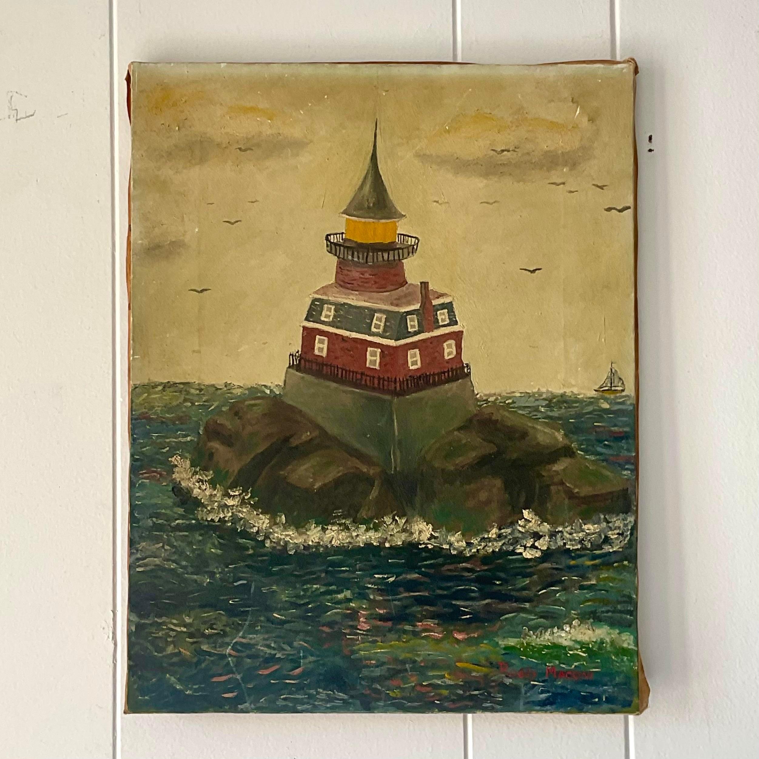 A vintage a boho signed original oil painting on canvas. A chic painterly composition of a lighthouse. A quirky vision in muted colors. Acquired from a Palm Beach estate.
