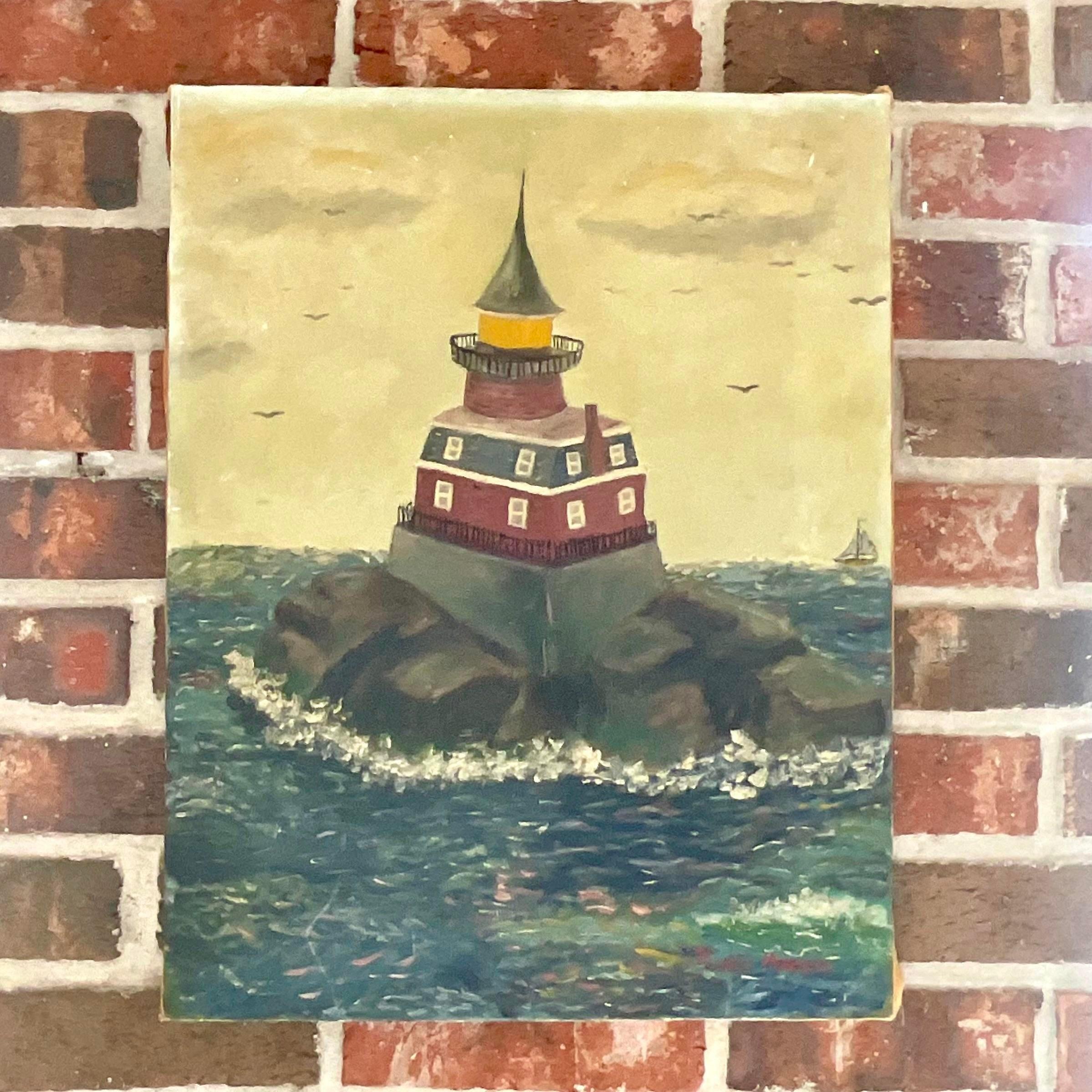 Bohemian Vintage Boho Signed Original Oil Painting of Lighthouse For Sale