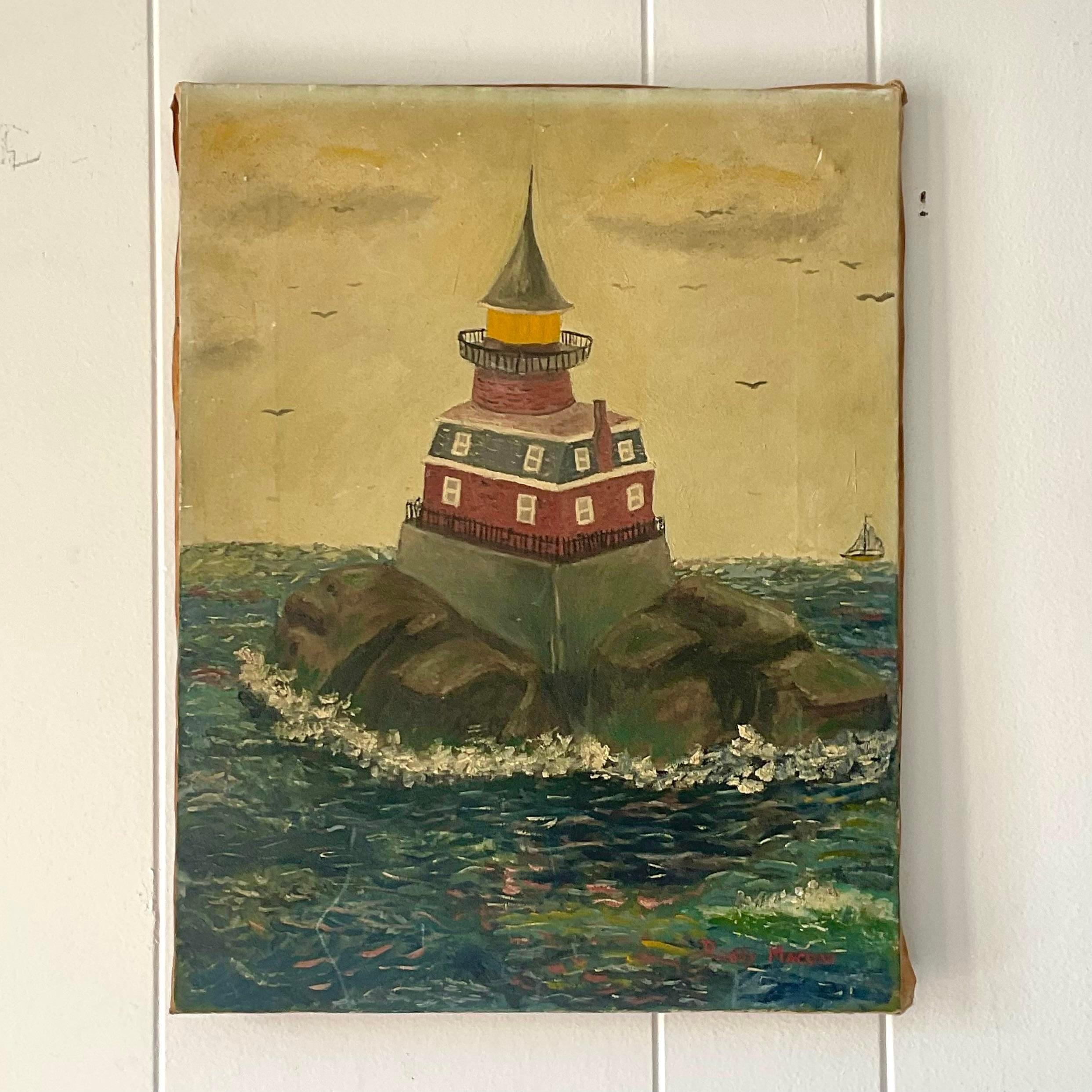 American Vintage Boho Signed Original Oil Painting of Lighthouse For Sale