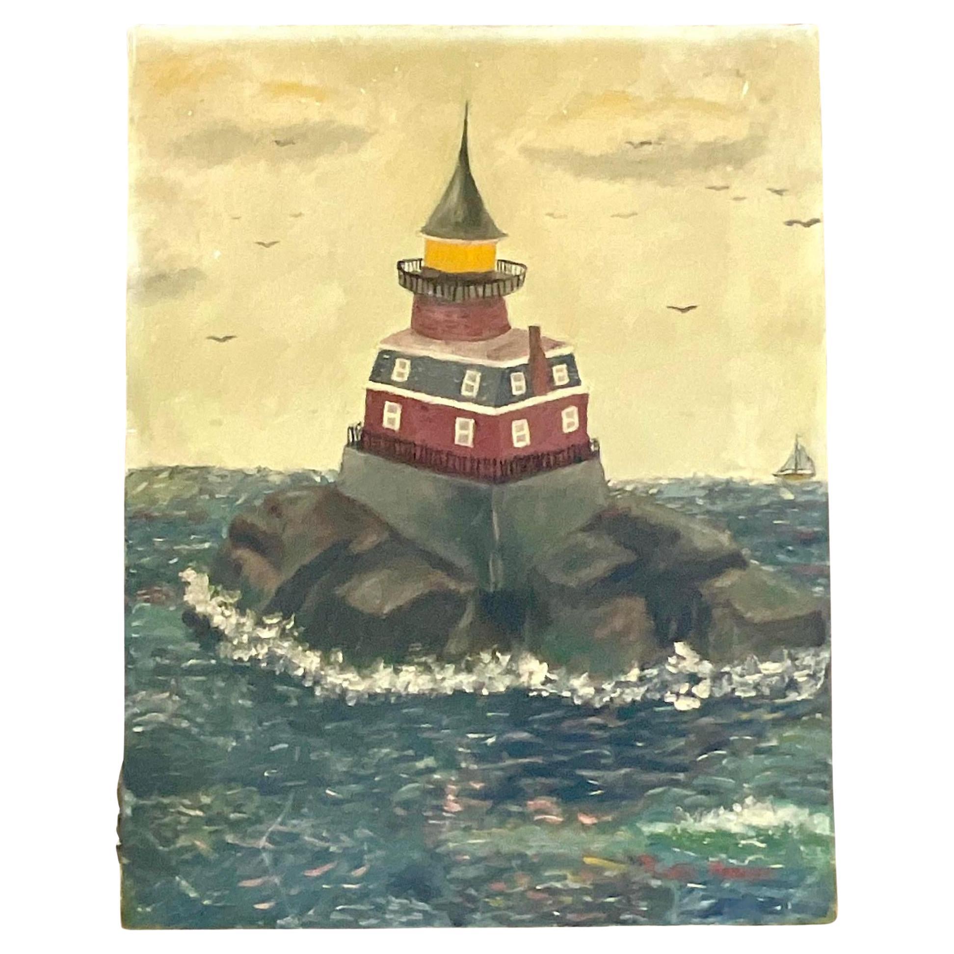 Peinture à l'huile originale vintage signée Boho d'un phare