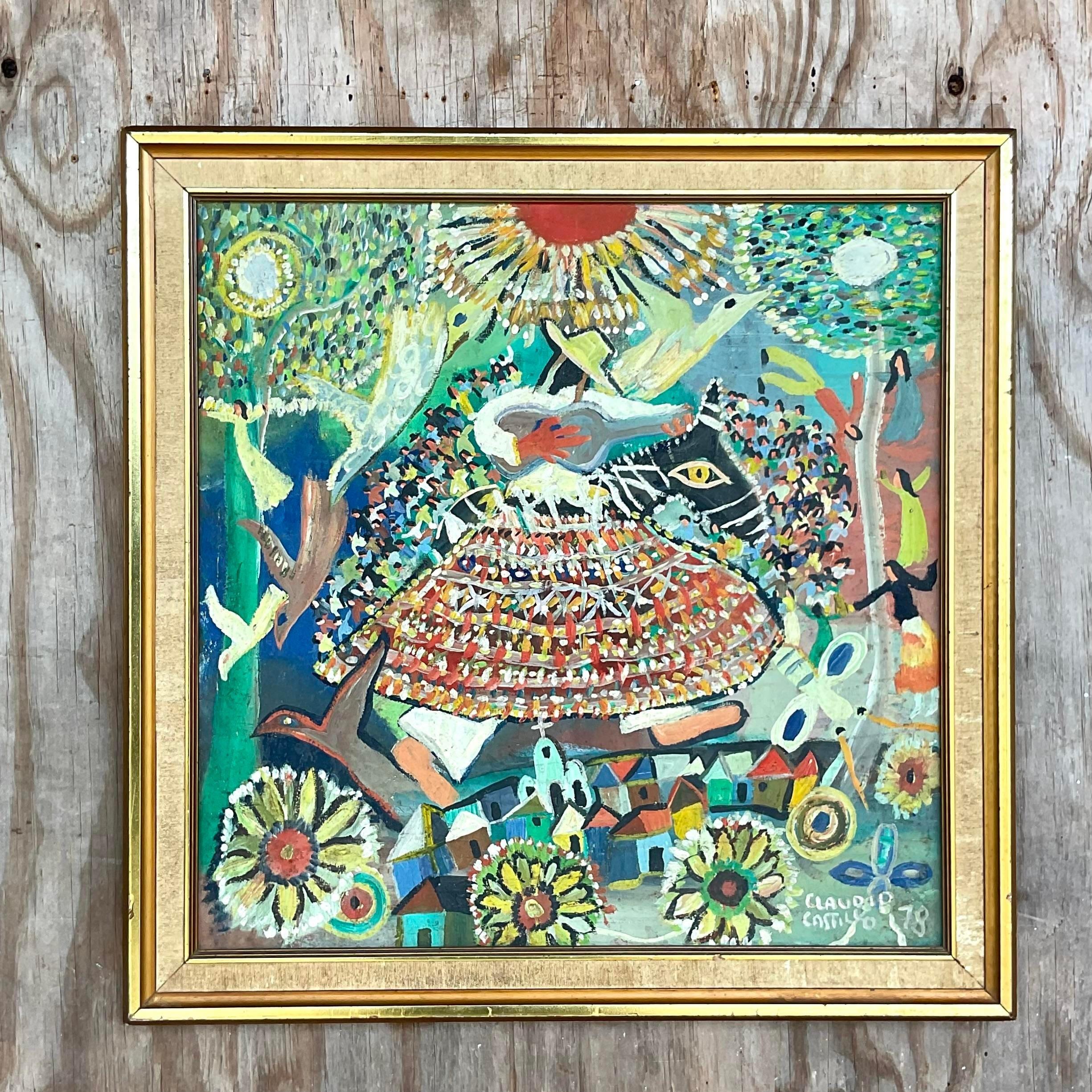 Vintage Boho Signed Original Oil Painting on Board For Sale at 1stDibs
