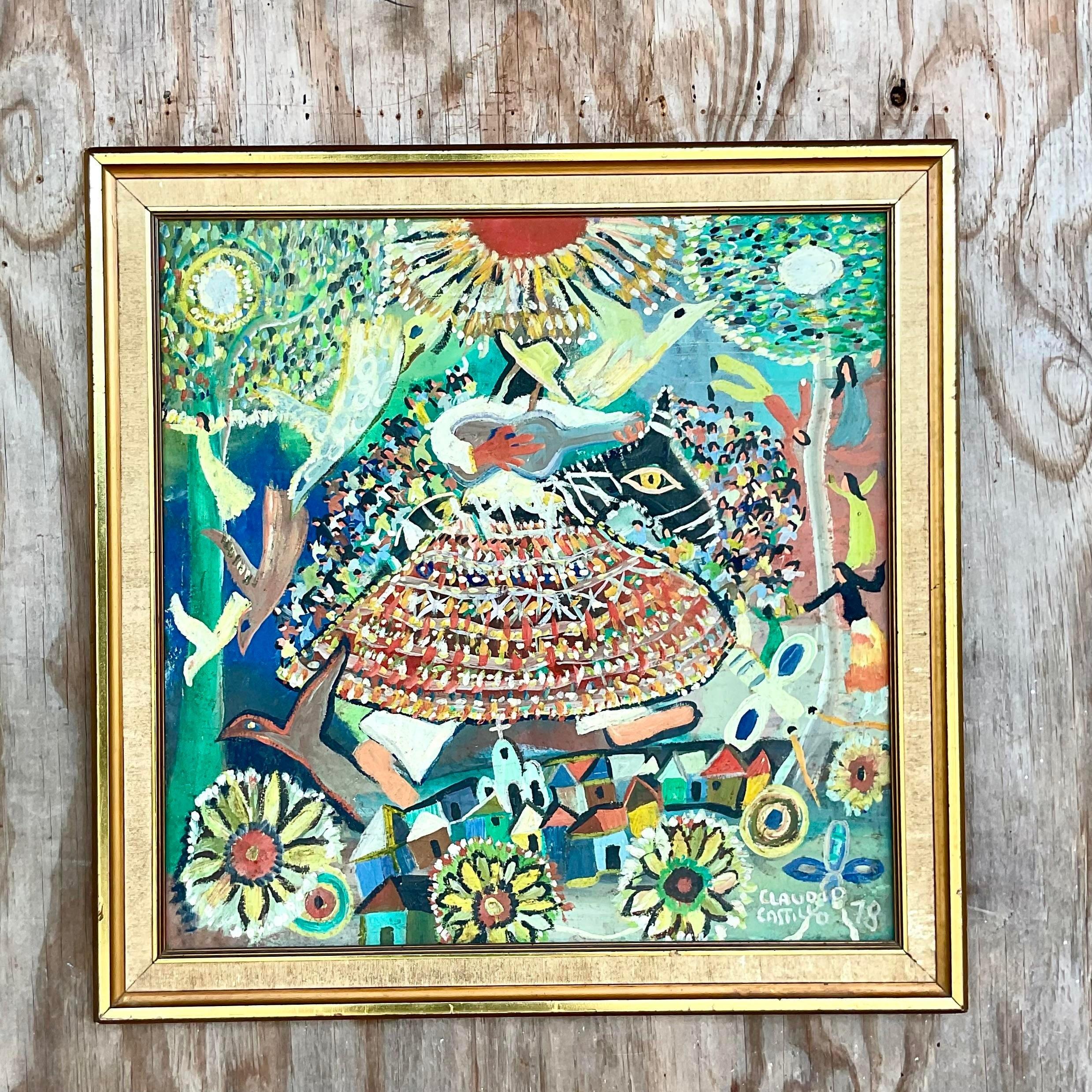 Vintage Boho Signed Original Oil Painting on Board For Sale at 1stDibs