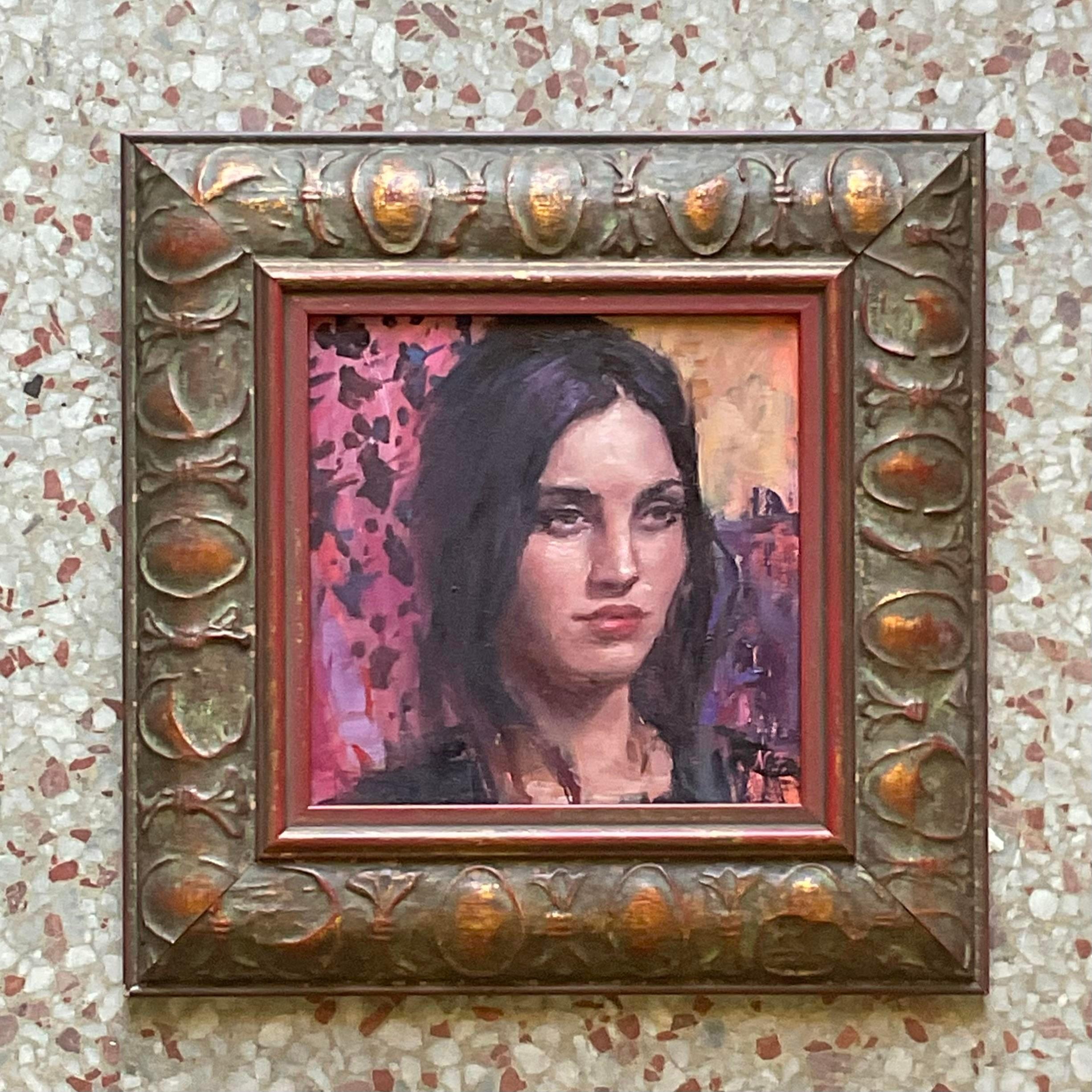 A fantastic vintage Boho original oil painting on board. A chic little portrait in brilliant bright colors. Done by the LA artist Natalia Fabia. Acquired from a Palm Beach estate. 