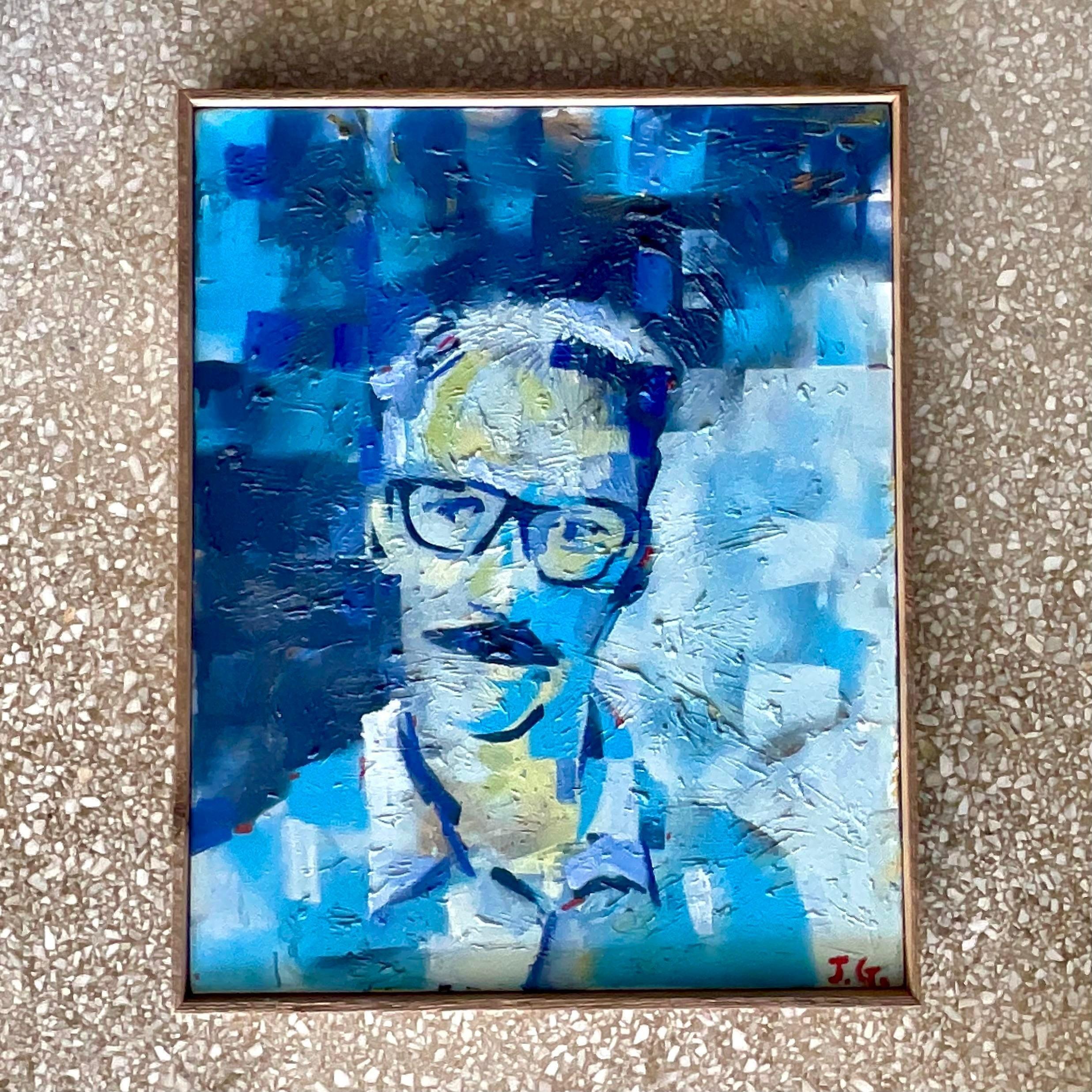 A fabulous vintage Boho original oil painting on canvas. A chic Abstract Expressionist composition in brilliant shades of blue. Signed by the artist. Acquired from an NJ estate.