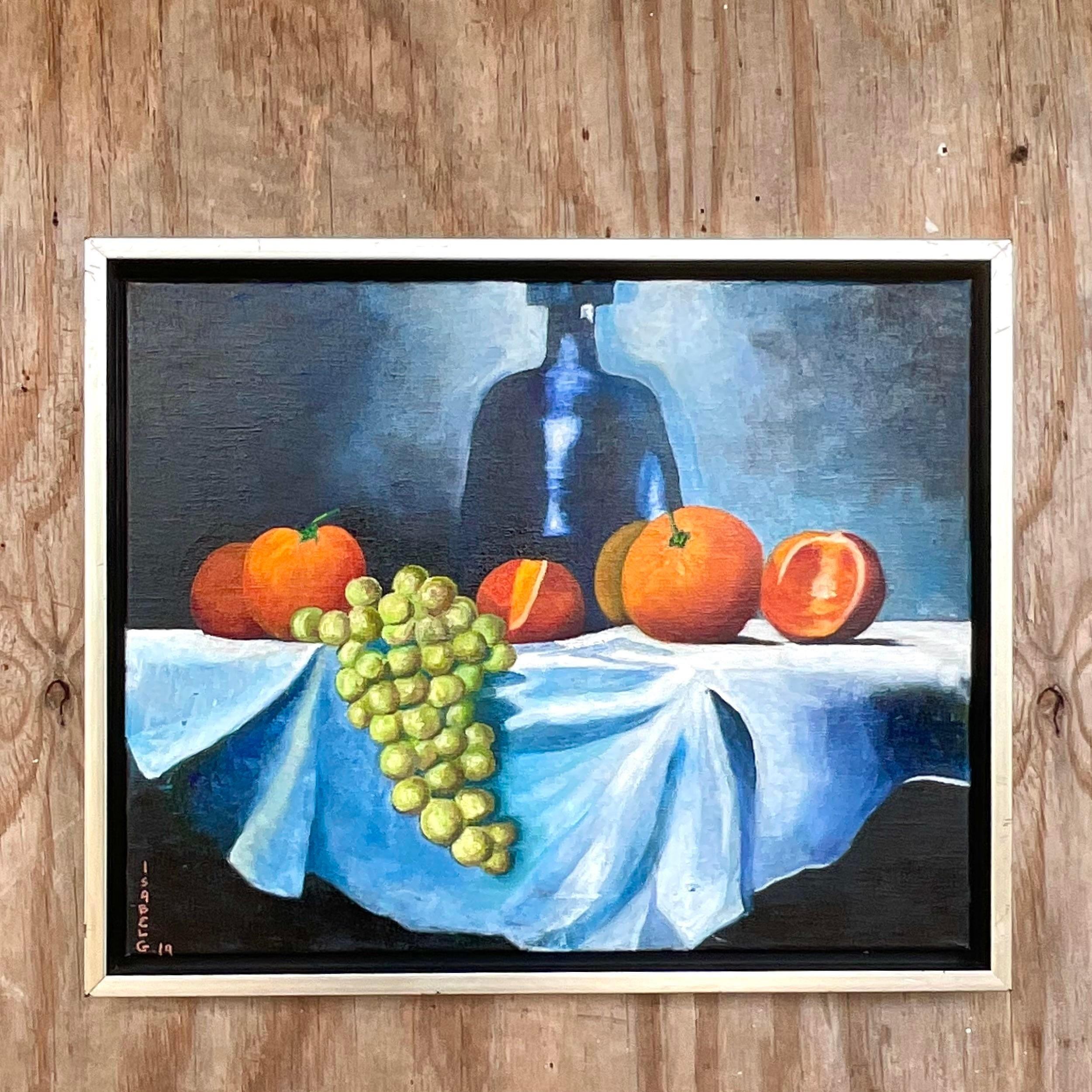A fabulous vintage Boho original oil painting. A chic still life in bright clear colors. Signed and dated by the artist. Acquired from a Palm Beach estate. 