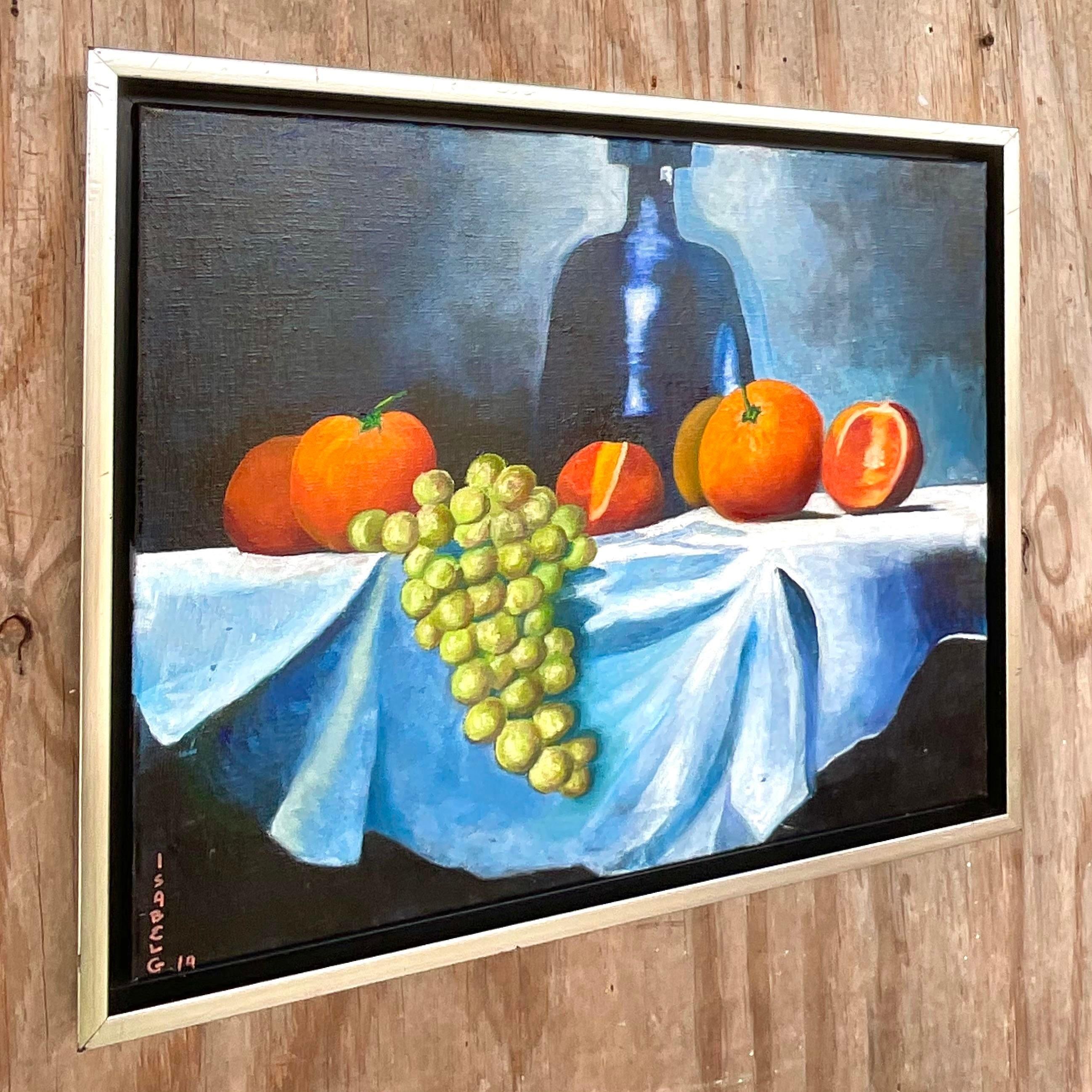 Contemporary Vintage Boho Signed Original Oil Painting Still Life on Canvas For Sale