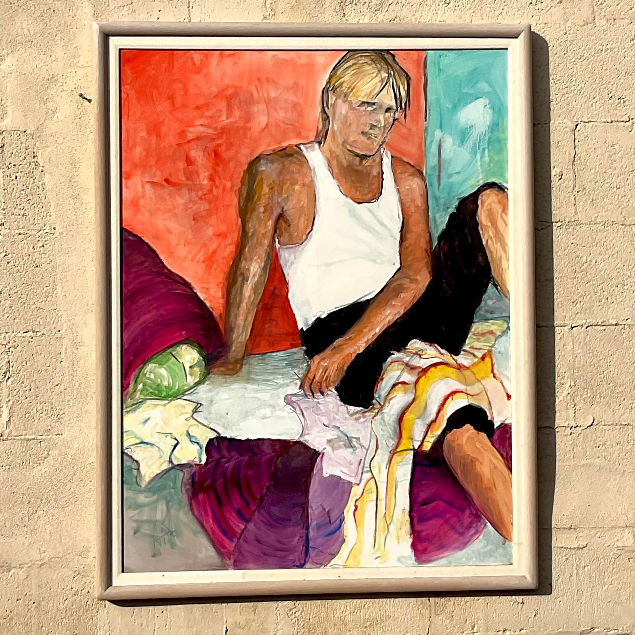 A fantastic vintage Boho original oil painting. A stunning portrait in bright clear colors. A relaxed young man seated among the pillows. Signed by the artist. Acquired from a Palm Beach estate. 