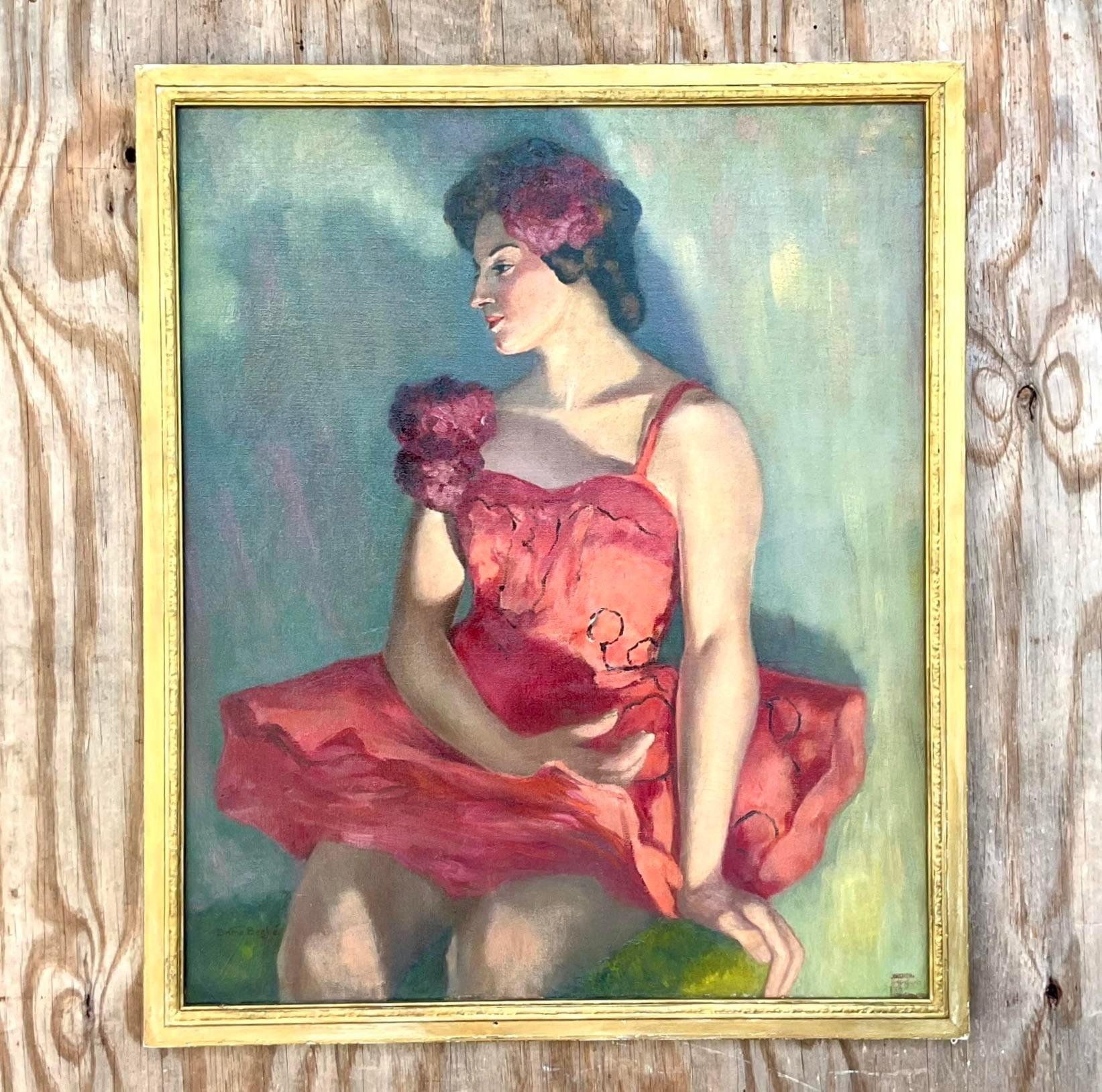 An exceptional vintage Original Oil Portrait on canvas. A striking composition of a beautiful dancer in costume. Signed and dated 1954. Acquired from a Palm Beach estate.