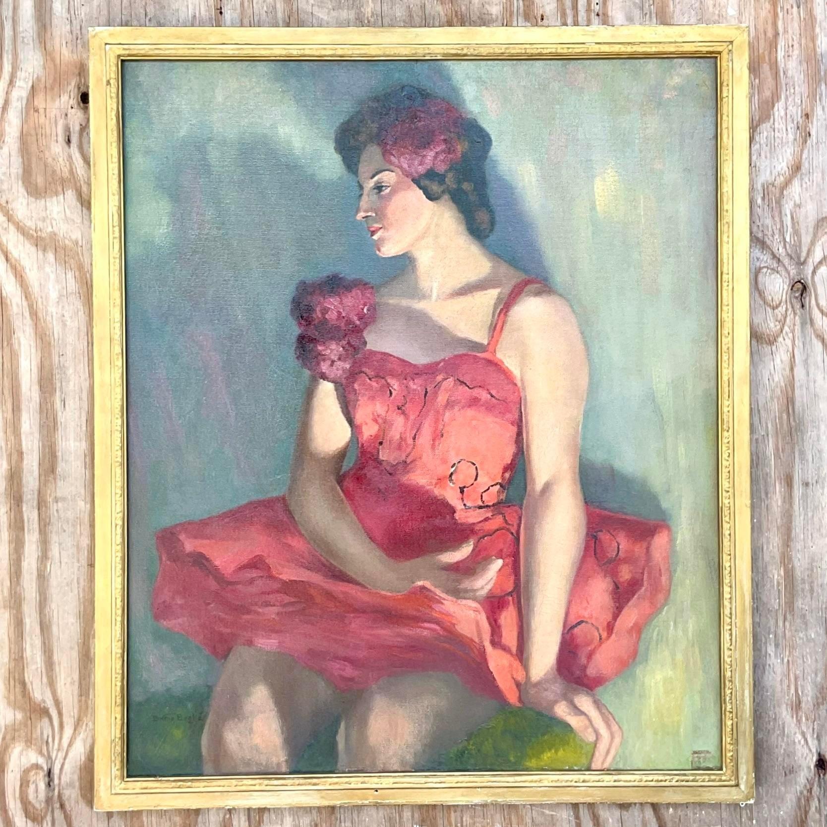Vintage Boho Signed Original Oil Portrait of Beautiful Dancer, 1954 In Good Condition In west palm beach, FL