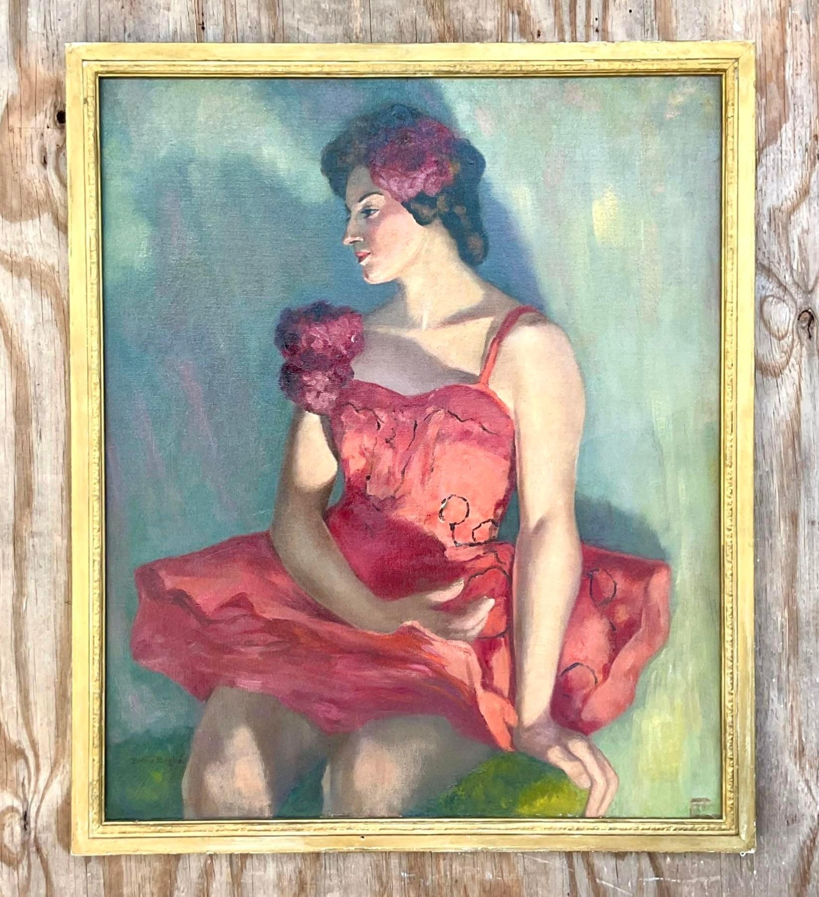 Mid-20th Century Vintage Boho Signed Original Oil Portrait of Beautiful Dancer, 1954