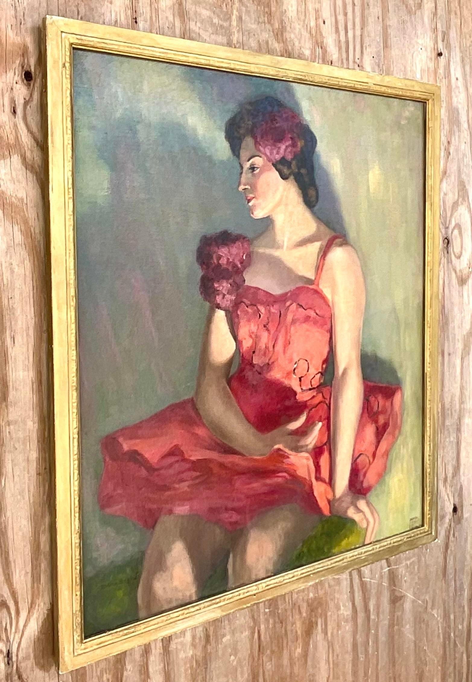 Vintage Boho Signed Original Oil Portrait of Beautiful Dancer, 1954 1