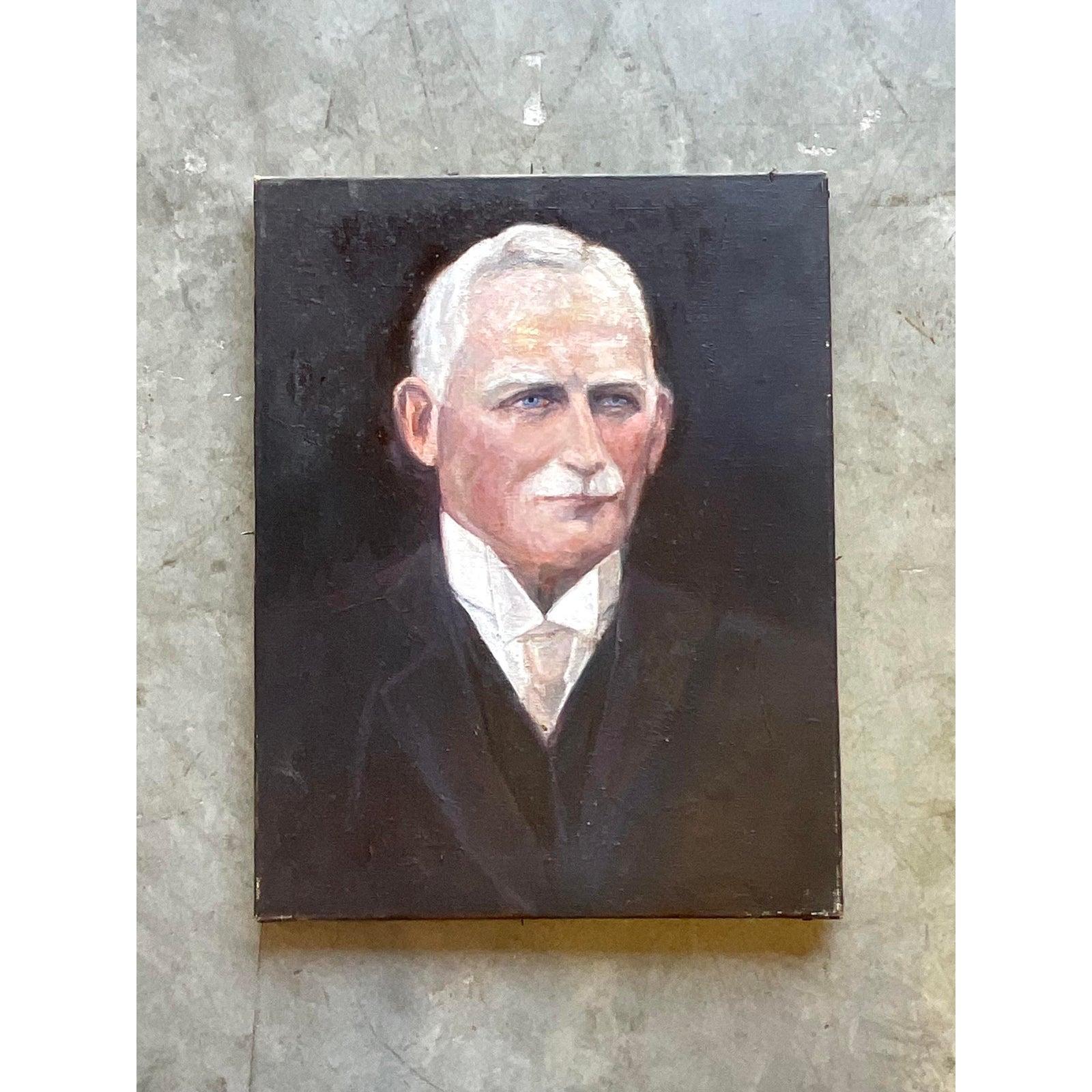 A fantastic vintage original oil portrait. Signed by the artist Whitney on the back. A dashing silver haired older gentleman in full formal dress. Acquired from a Palm Beach estate.