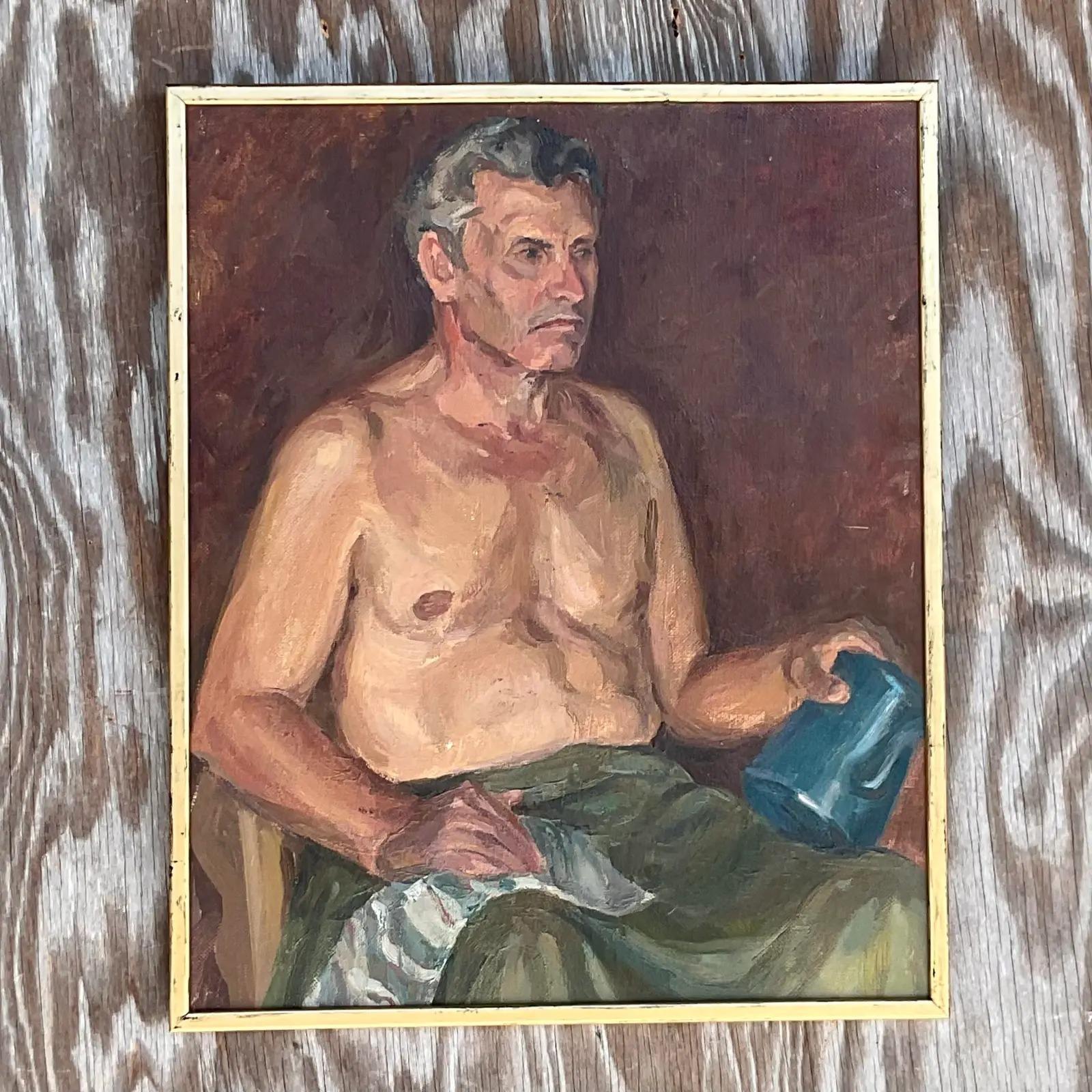 A fabulous vintage Boho original oil portrait on board. A chic composition of a handsome shirtless man. Deep rich color dominate the piece. Acquired from a Palm Beach estate.