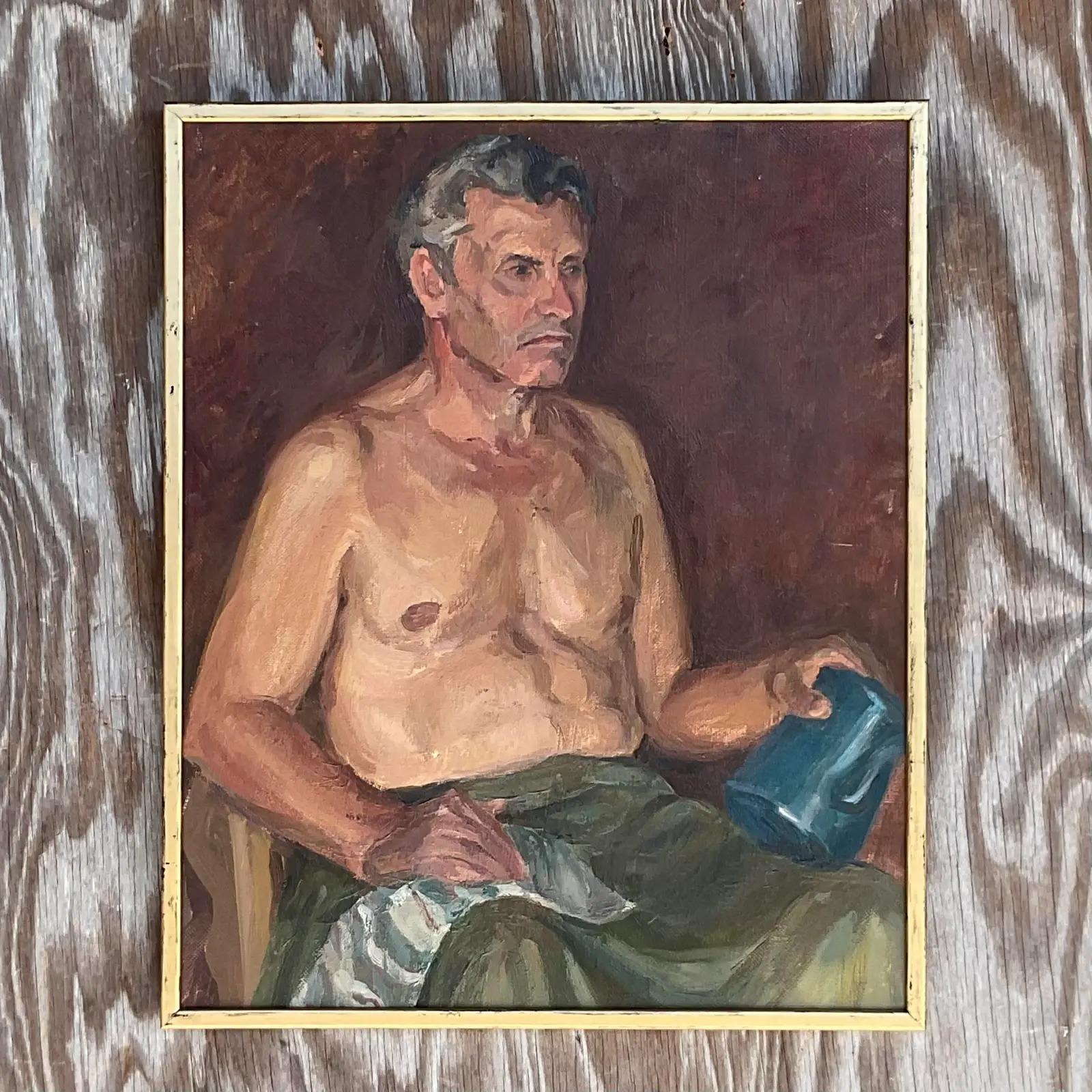 Vintage Boho Signed Original Oil Portrait of Man In Good Condition For Sale In west palm beach, FL
