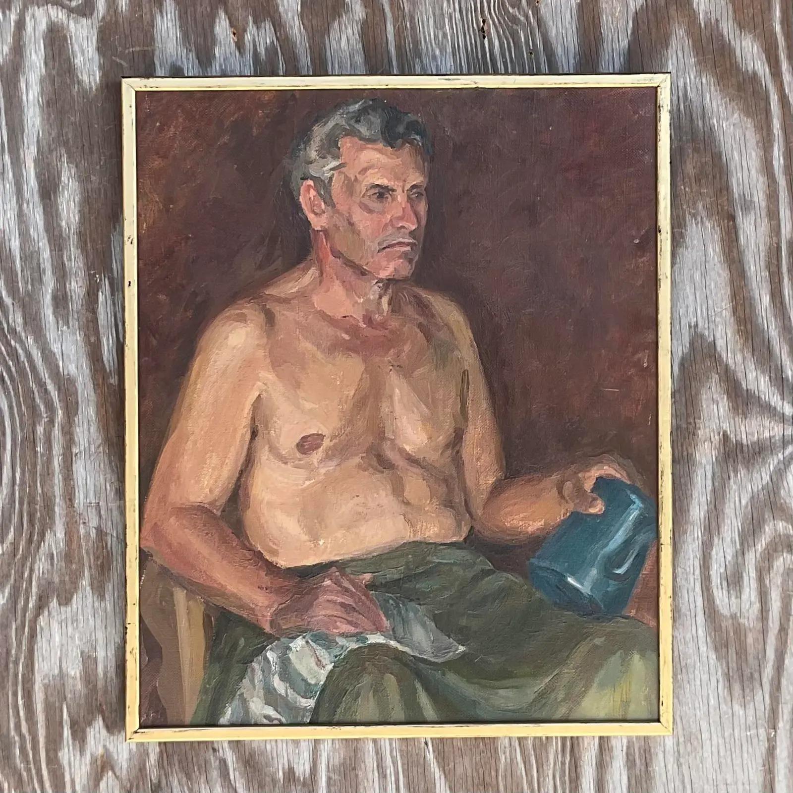 Paint Vintage Boho Signed Original Oil Portrait of Man For Sale