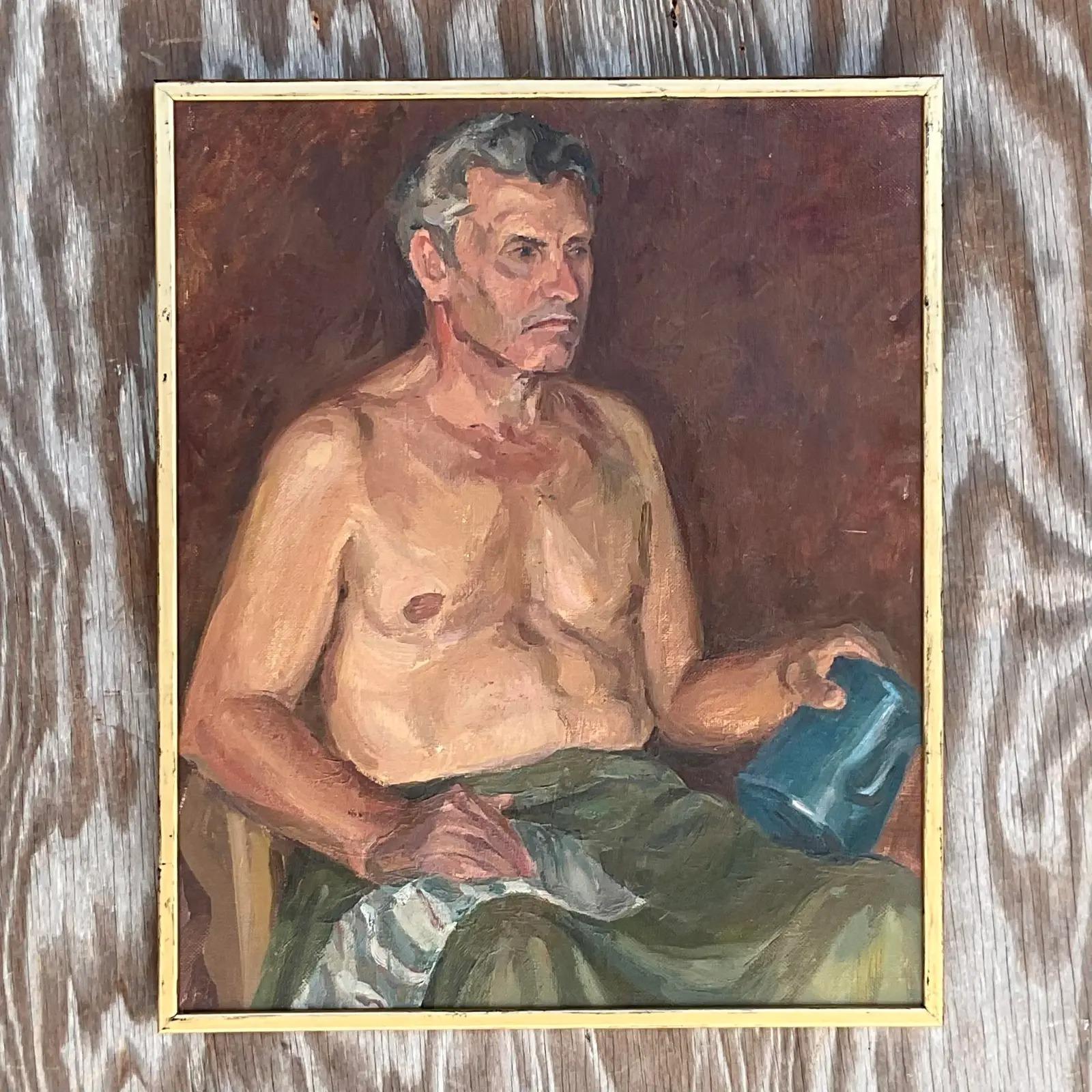 Vintage Boho Signed Original Oil Portrait of Man For Sale 1