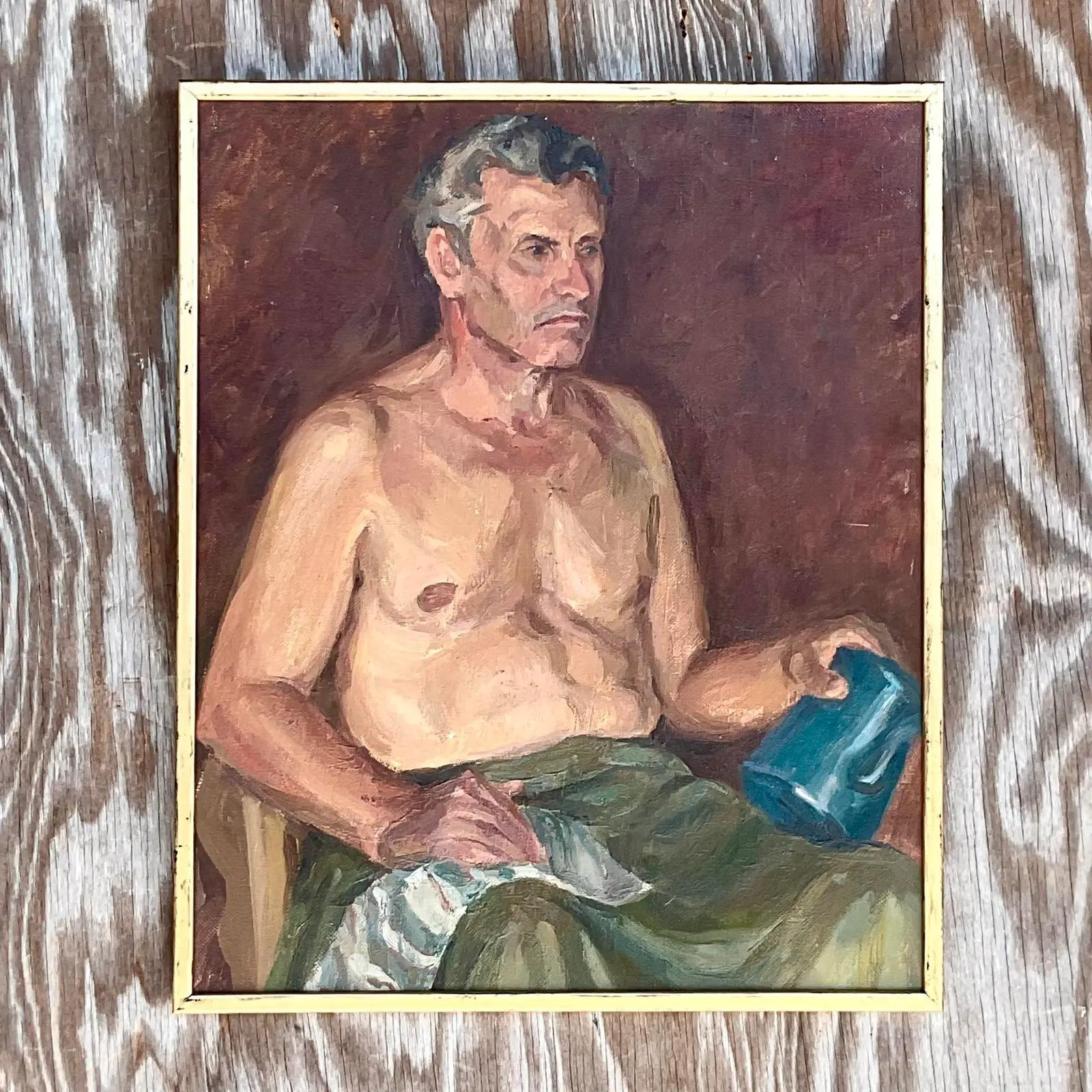 Vintage Boho Signed Original Oil Portrait of Man For Sale 2