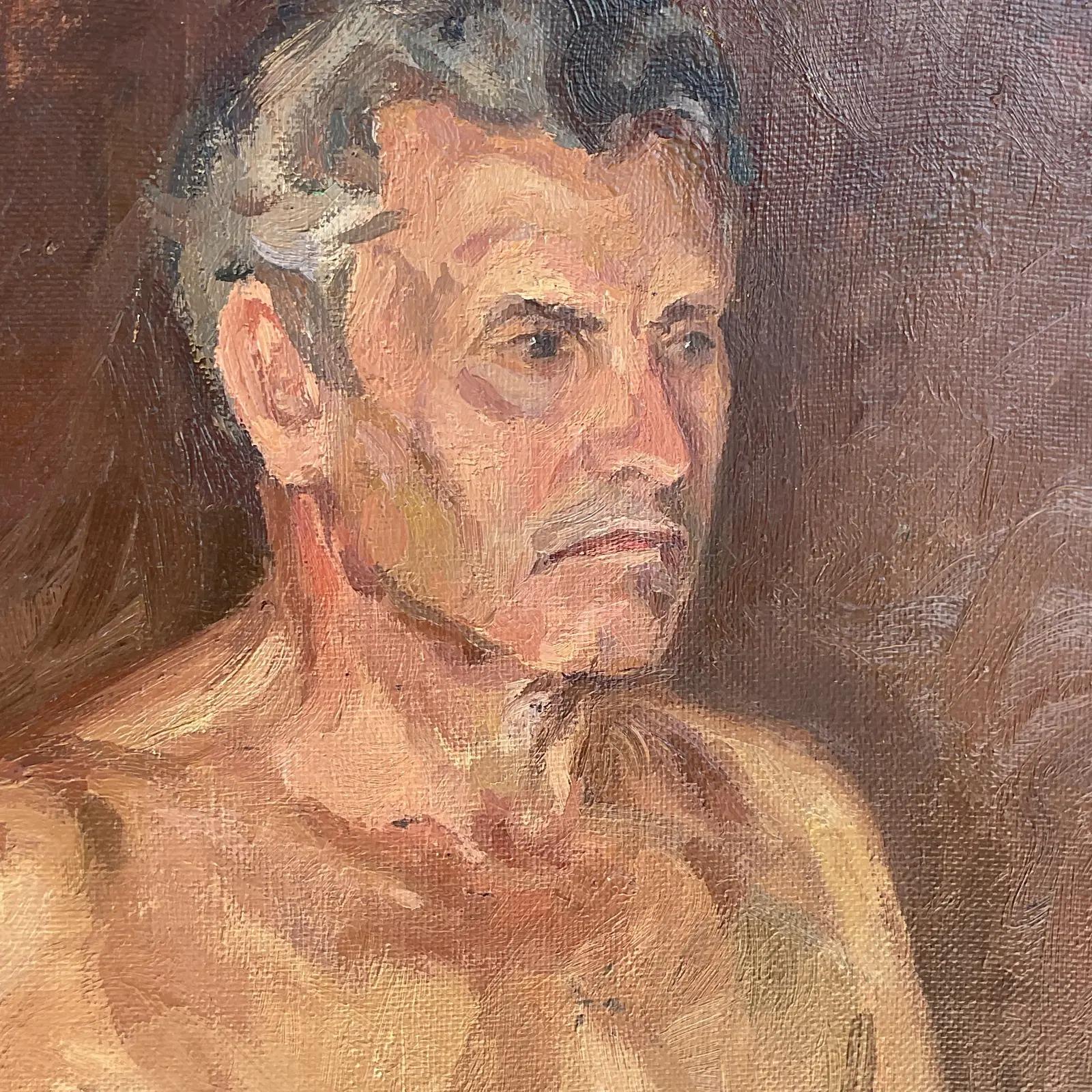 Vintage Boho Signed Original Oil Portrait of Man For Sale 3