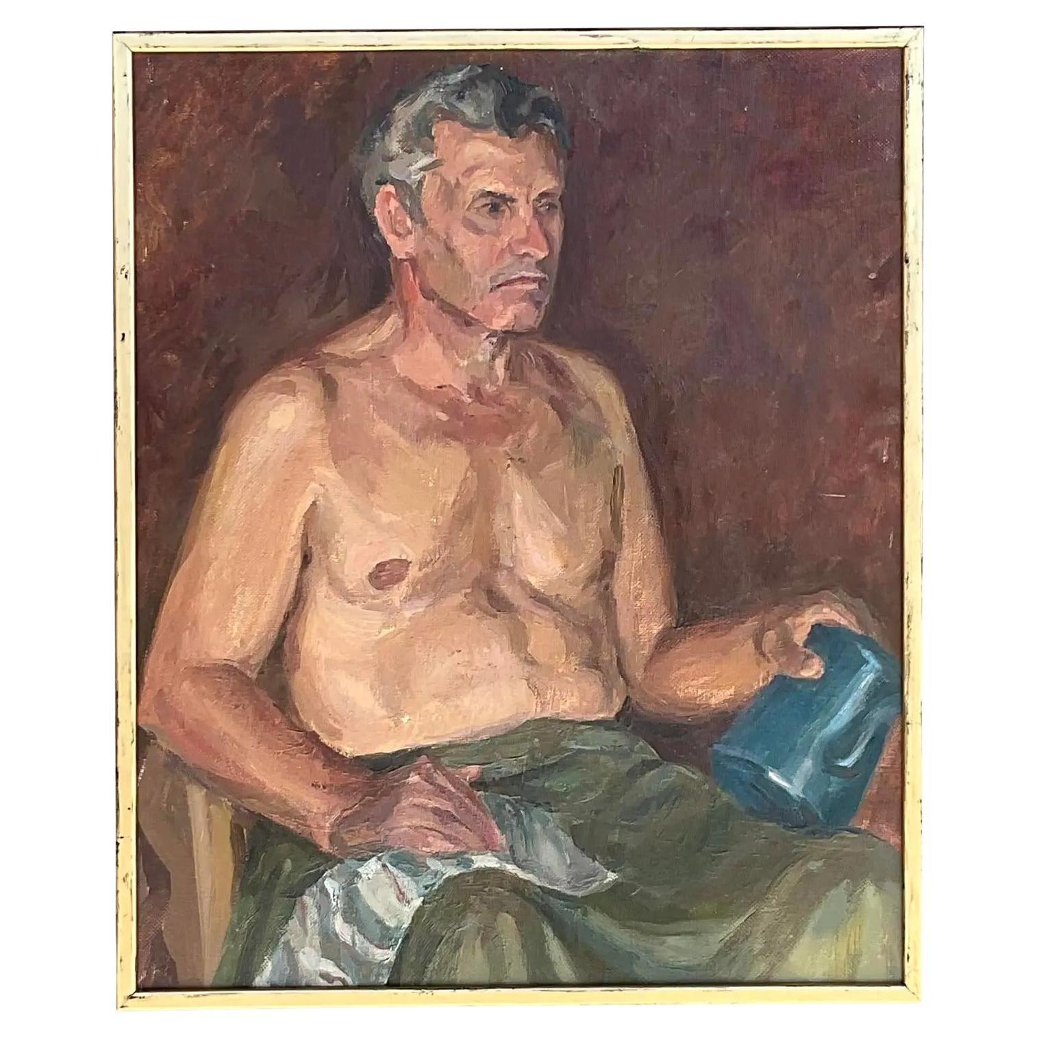 Portrait à l'huile original d'un homme vintage signé Boho