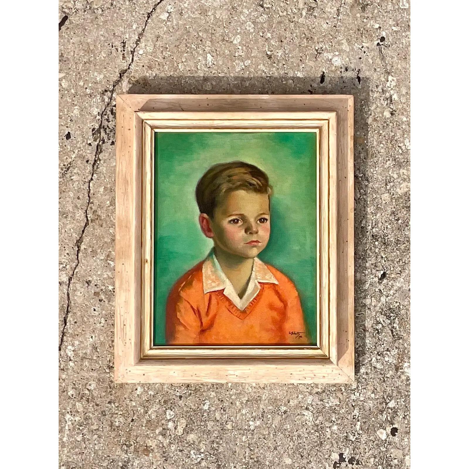 Fantastic vintage Midcentury original oil painting. A chic composition of a young boy in brilliant clear colors. Signed by the artist. Acquired from a Palm Beach estate.