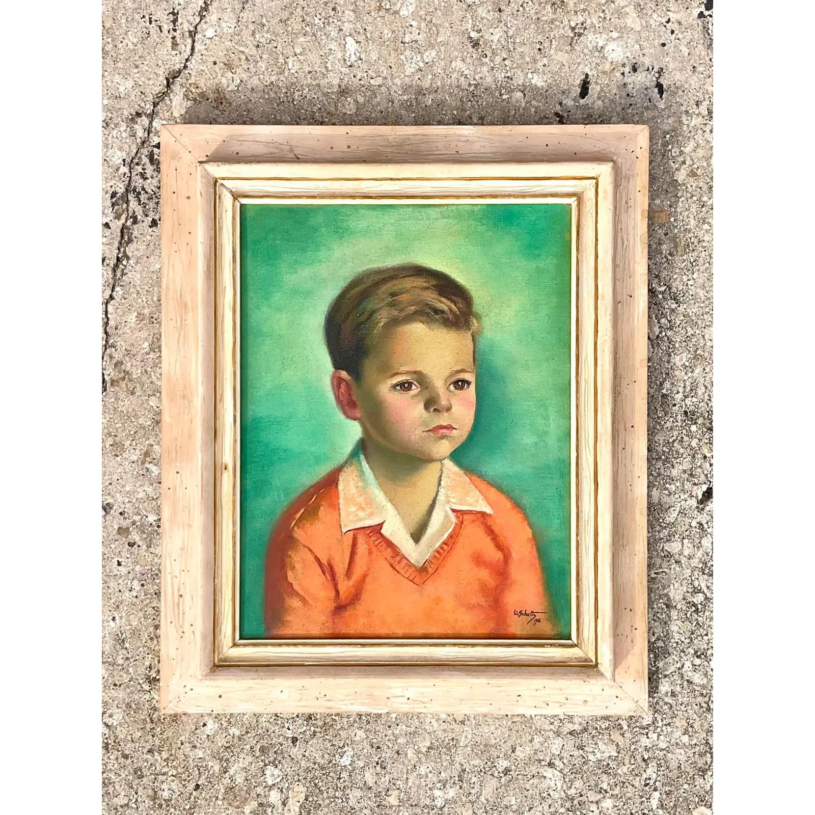 Mid-Century Modern Vintage Boho Signed Original Oil Portrait of Young Boy For Sale