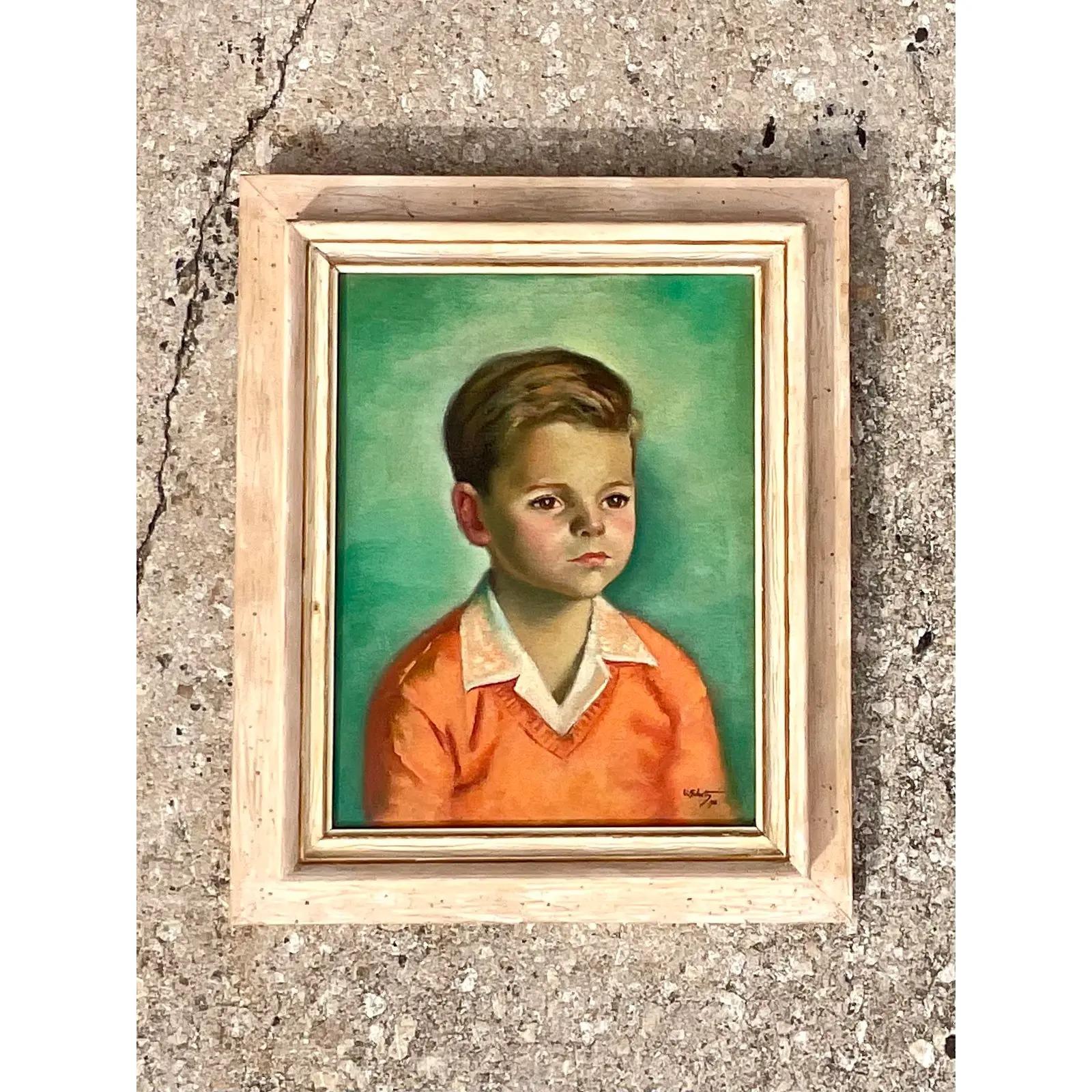 Vintage Boho Signed Original Oil Portrait of Young Boy In Good Condition For Sale In west palm beach, FL