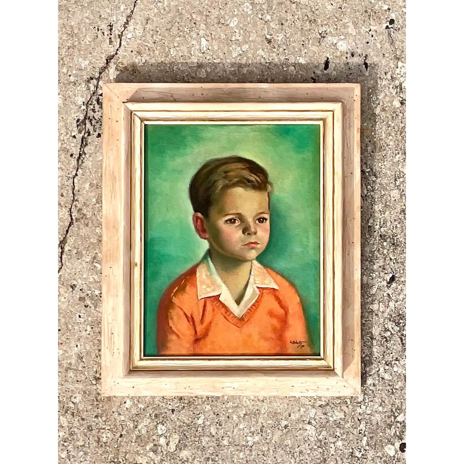20th Century Vintage Boho Signed Original Oil Portrait of Young Boy For Sale