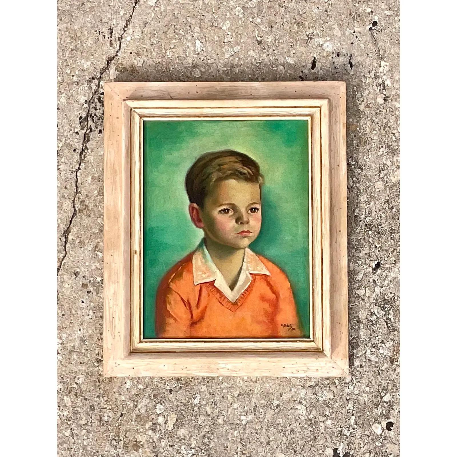 Paint Vintage Boho Signed Original Oil Portrait of Young Boy For Sale