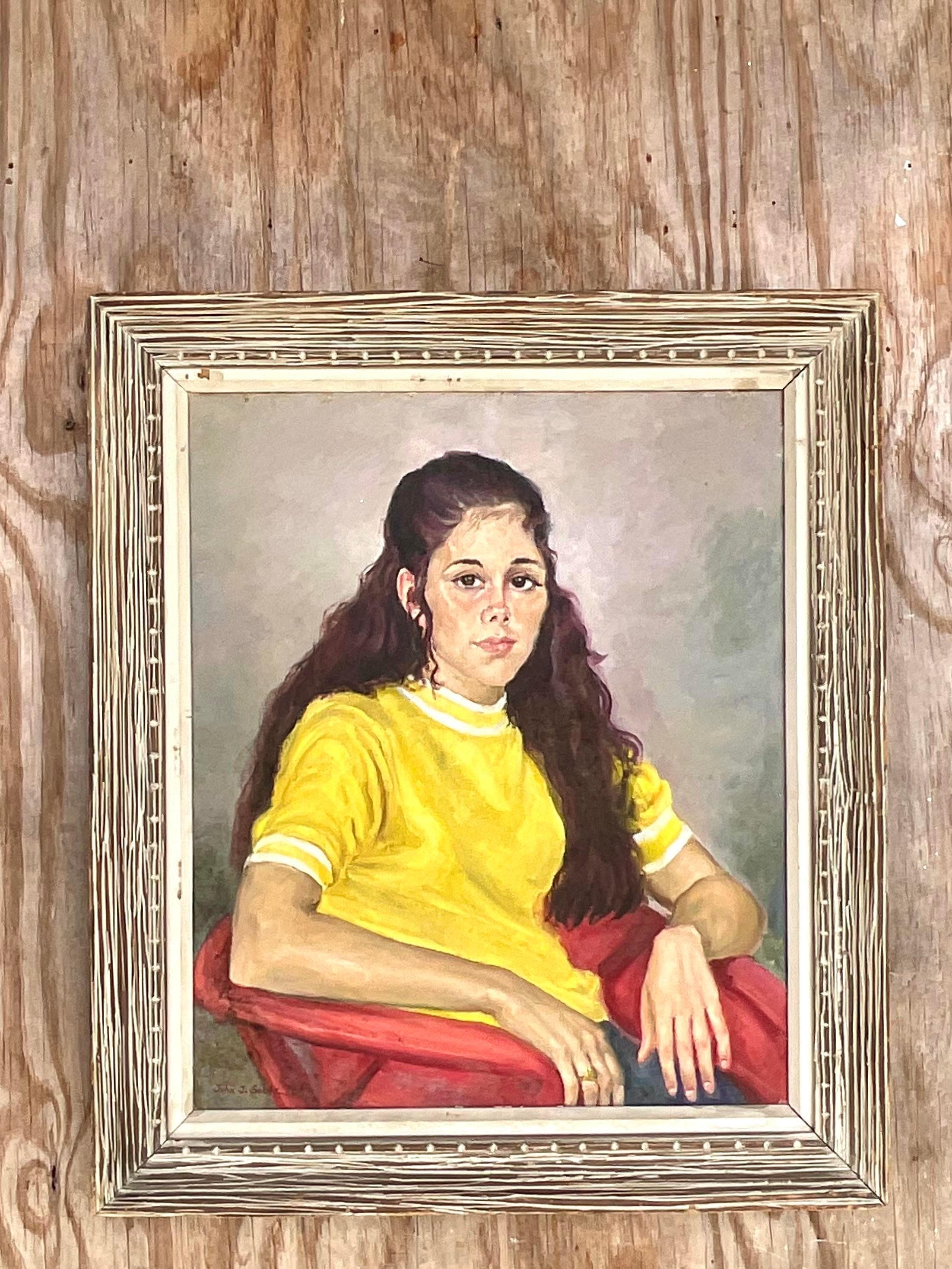 A fantastic vintage Boho original oil painting on canvas. A chic portrait of a young woman in a yellow ringer tee. Signed and dated by the artist 1964. Acquired from a Palm Beach estate.