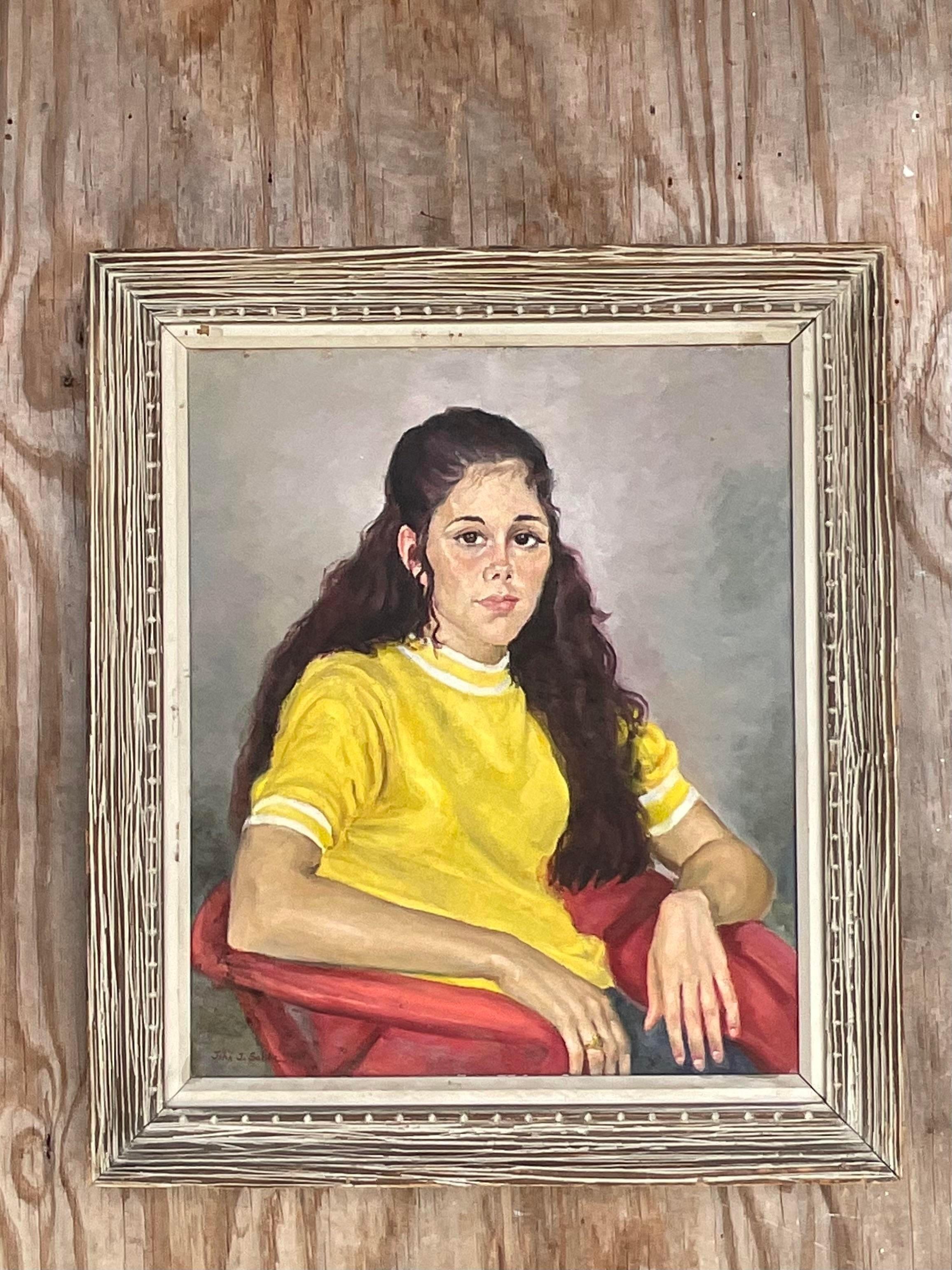 Bohemian Vintage Boho Signed Original Oil Portrait of Young Woman For Sale