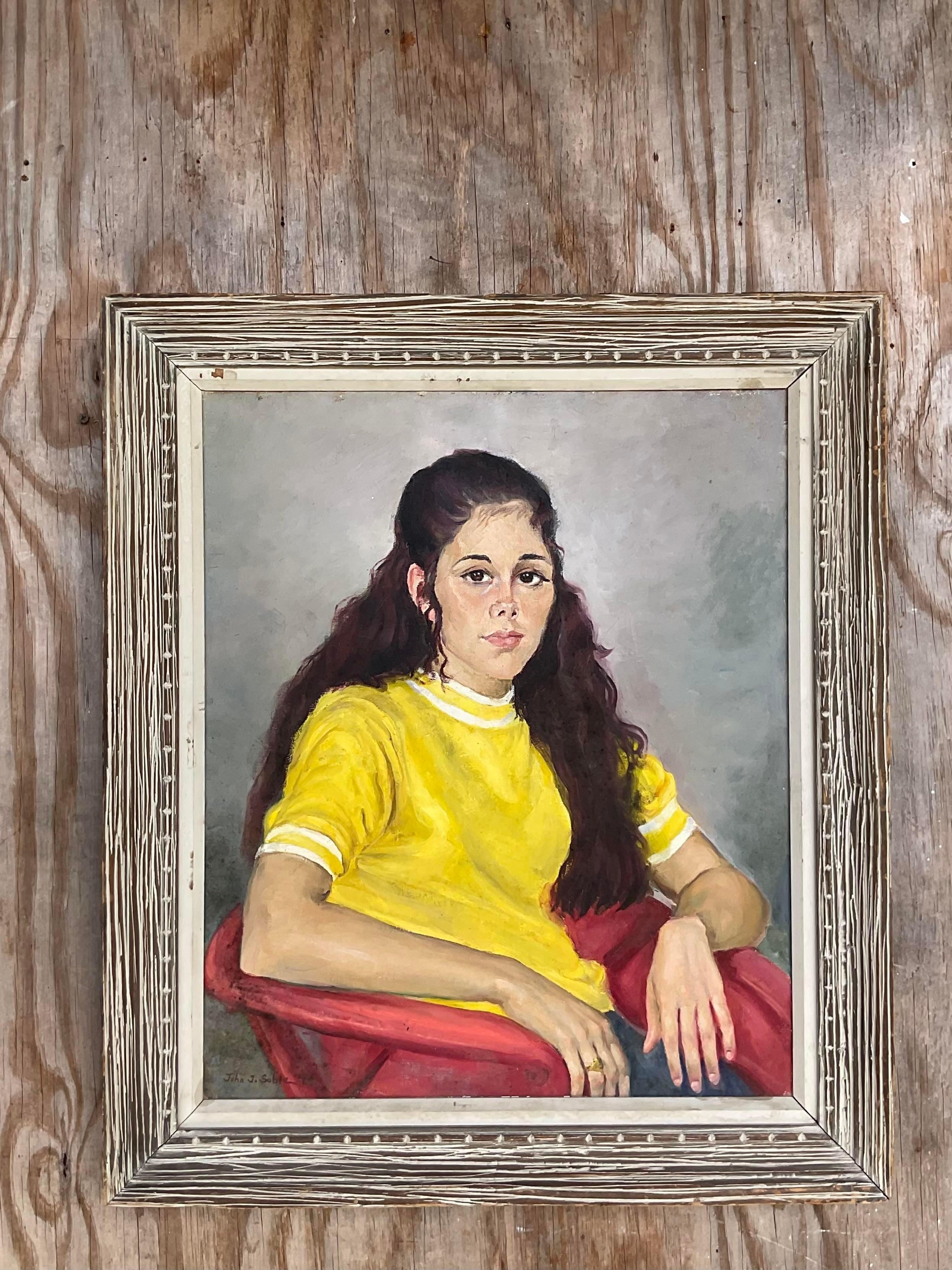 American Vintage Boho Signed Original Oil Portrait of Young Woman For Sale