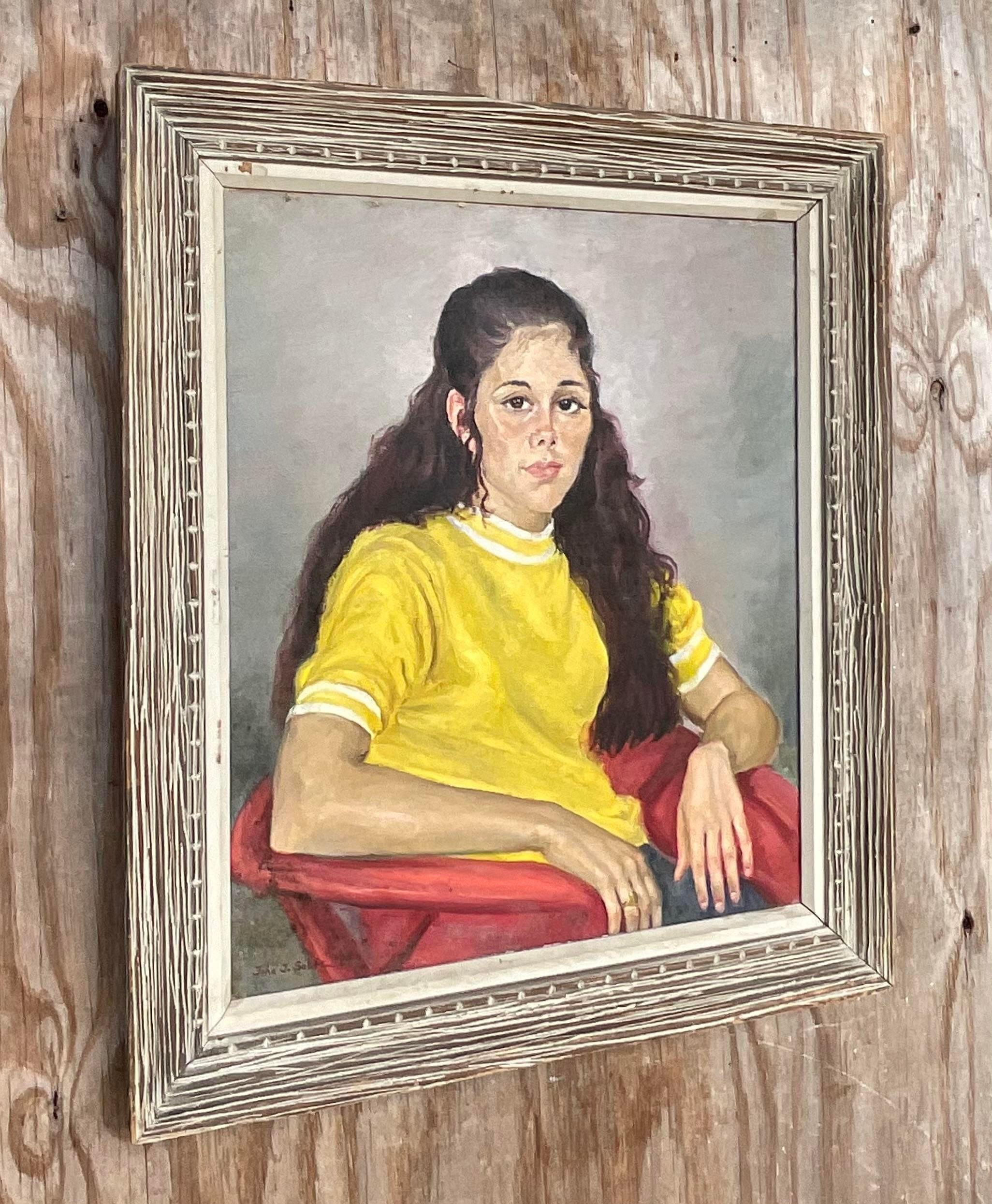 Vintage Boho Signed Original Oil Portrait of Young Woman In Good Condition For Sale In west palm beach, FL