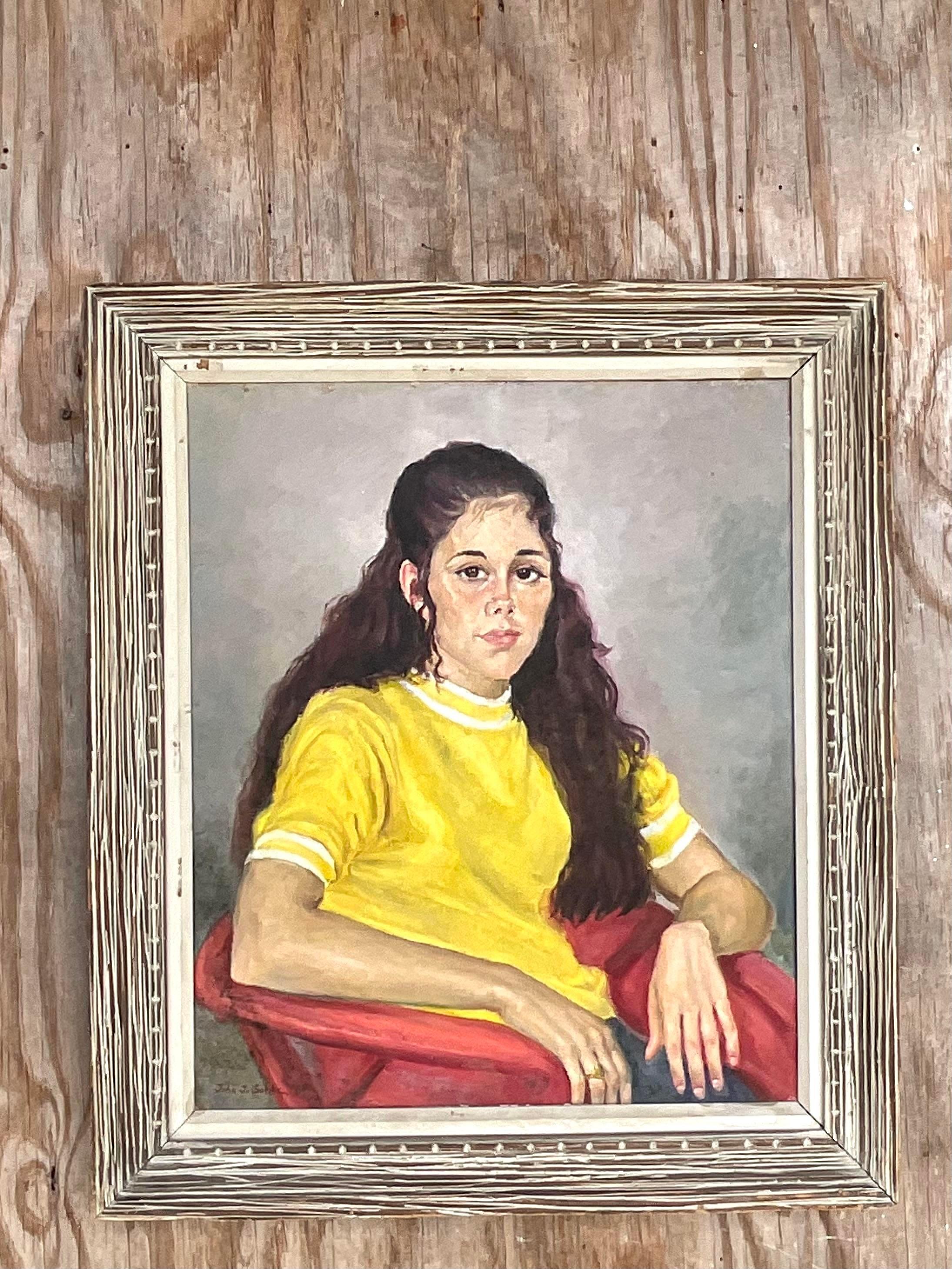 Canvas Vintage Boho Signed Original Oil Portrait of Young Woman For Sale
