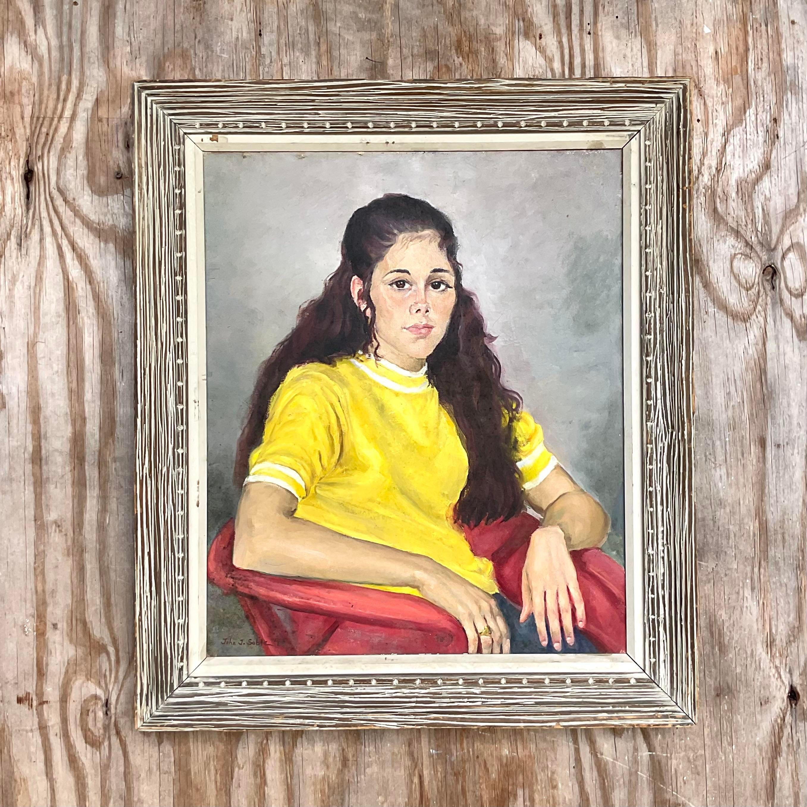 Vintage Boho Signed Original Oil Portrait of Young Woman For Sale 1