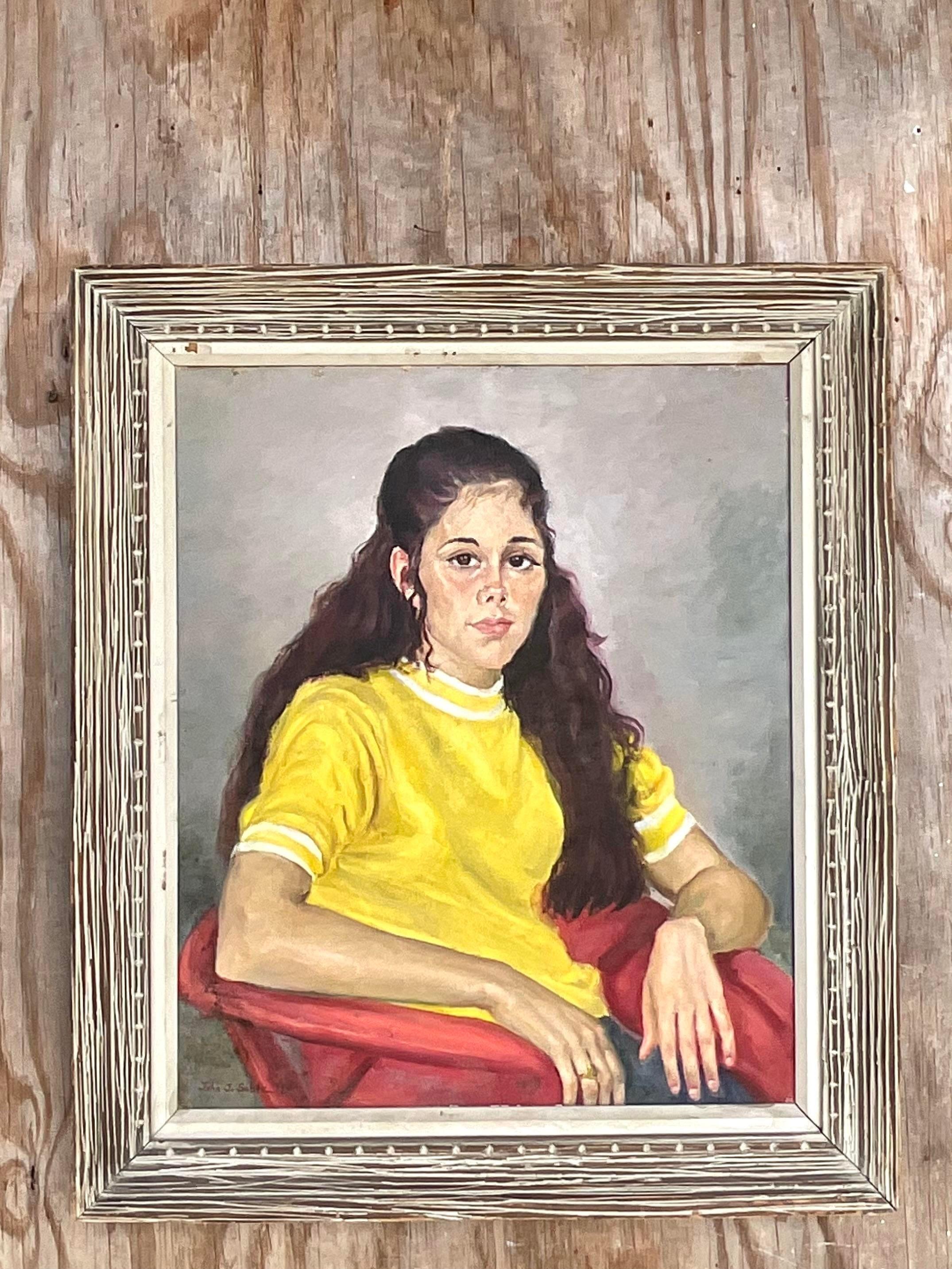 Vintage Boho Signed Original Oil Portrait of Young Woman For Sale 2