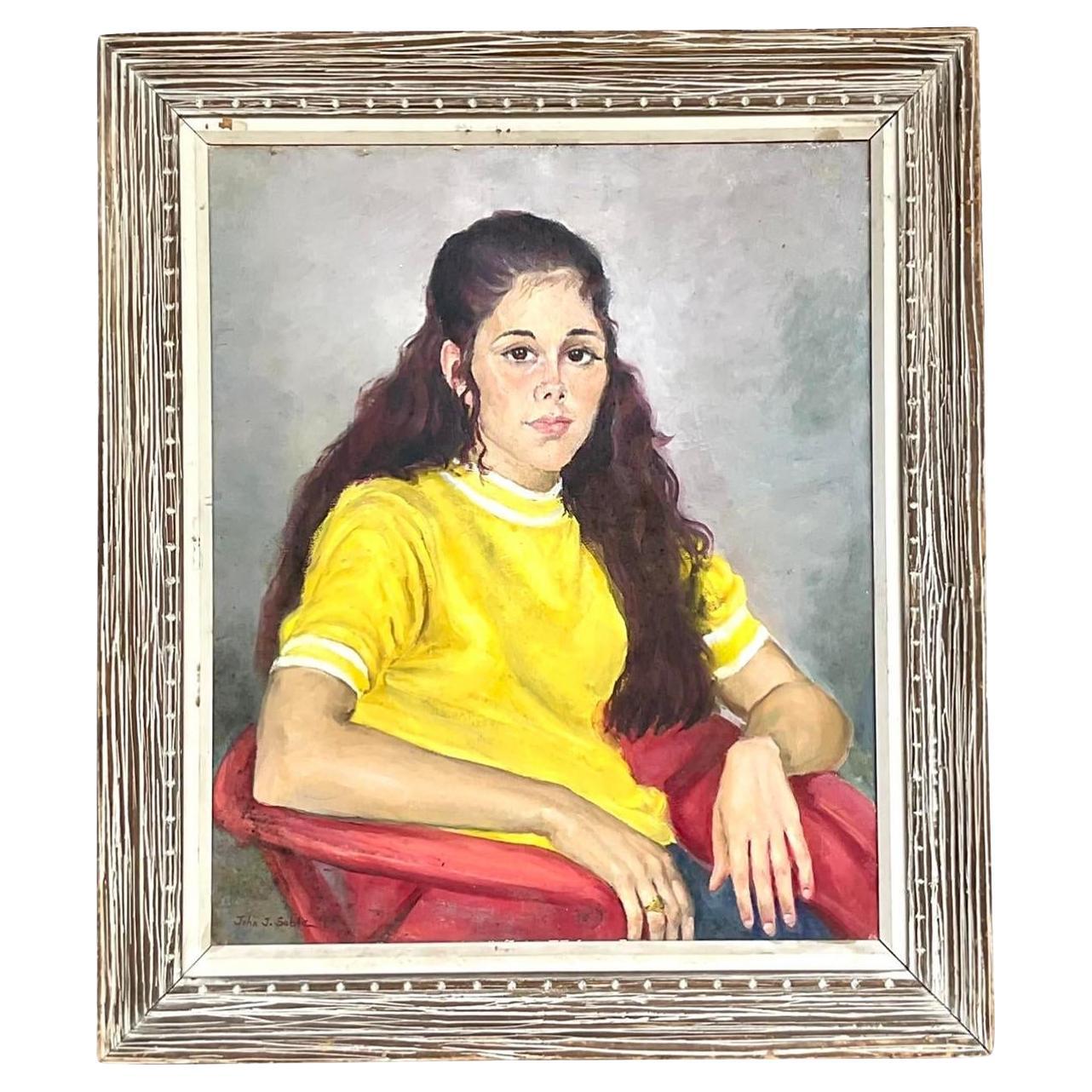Vintage Boho Signé Original Portrait à l'huile d'une jeune femme en vente