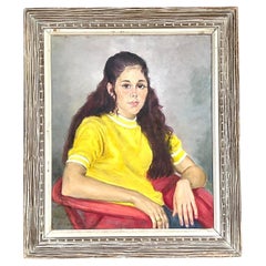 Vintage Boho Signé Original Portrait à l'huile d'une jeune femme